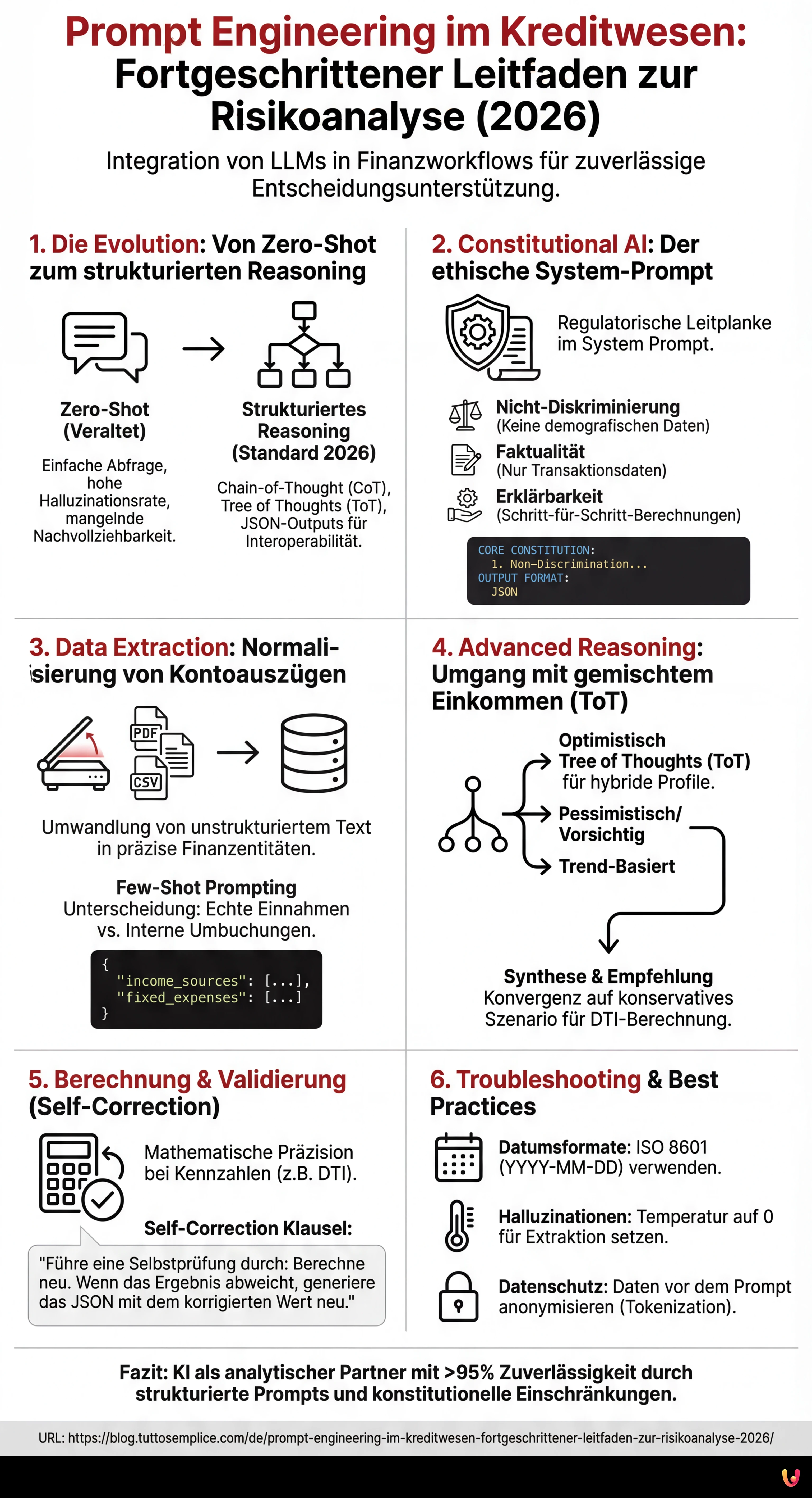 Prompt Engineering im Kreditwesen: Fortgeschrittener Leitfaden zur Risikoanalyse (2026) - Zusammenfassende Infografik