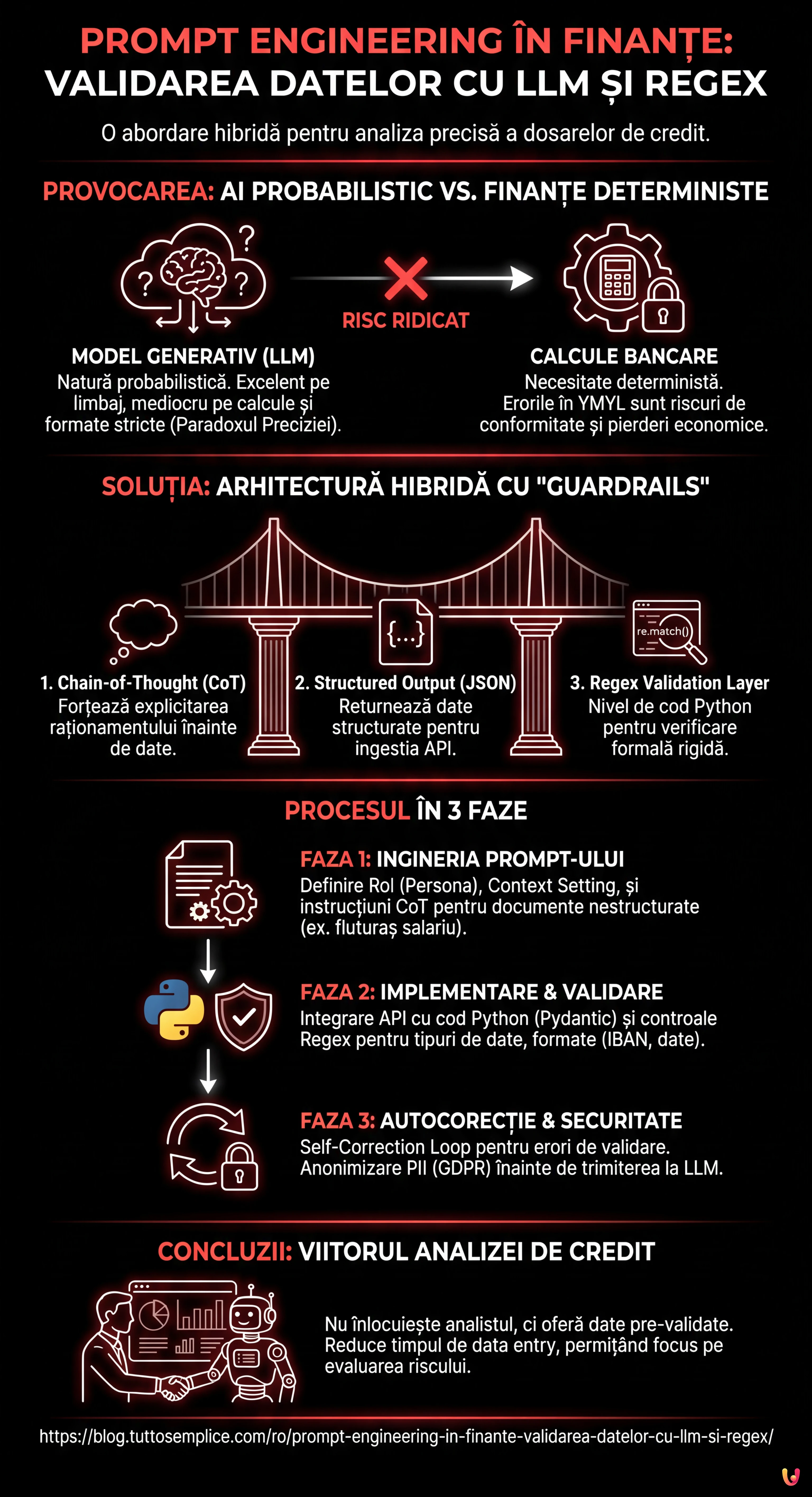 Prompt Engineering în Finanțe: Validarea Datelor cu LLM și Regex - Infografic rezumativ