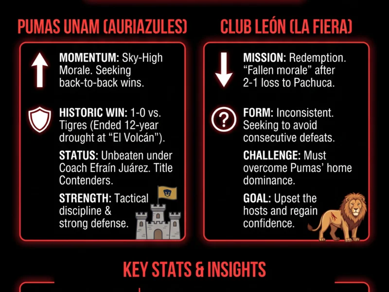 Infografica: Pumas vs Le&oacute;n: University Side Seeks to Extend Winning Streak at Home