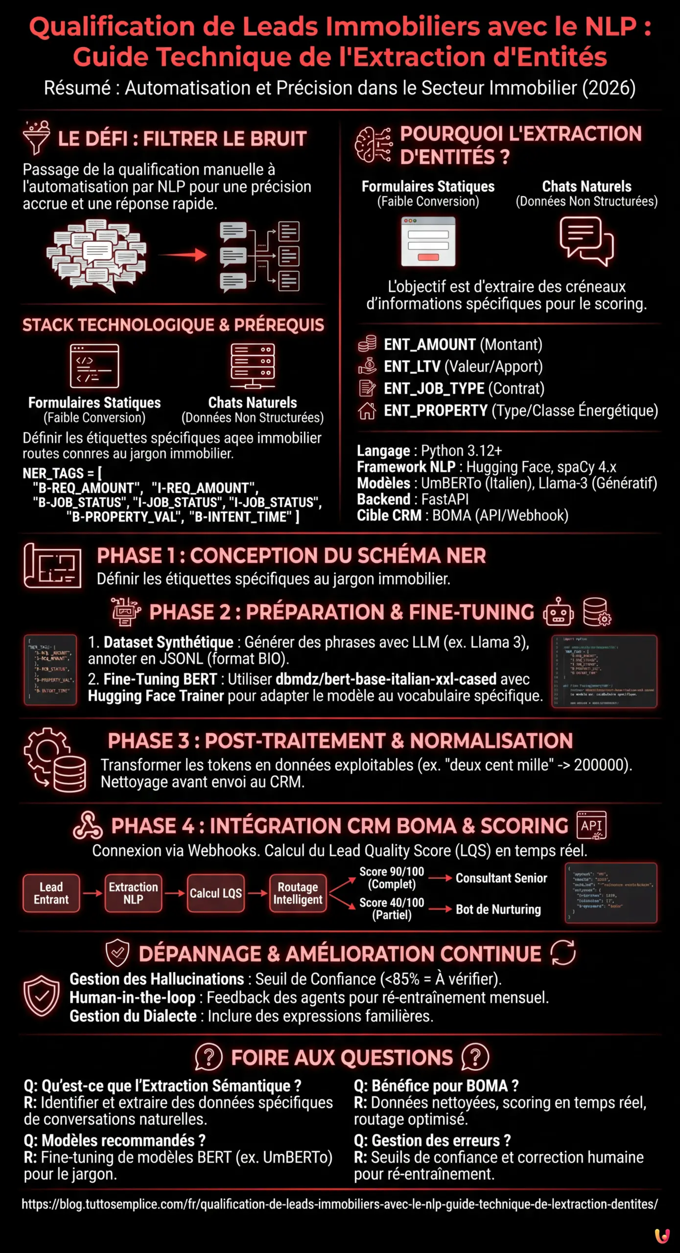 Qualification de Leads Immobiliers avec le NLP : Guide Technique de l'Extraction d'Entit&eacute;s - Infographie r&eacute;sumant