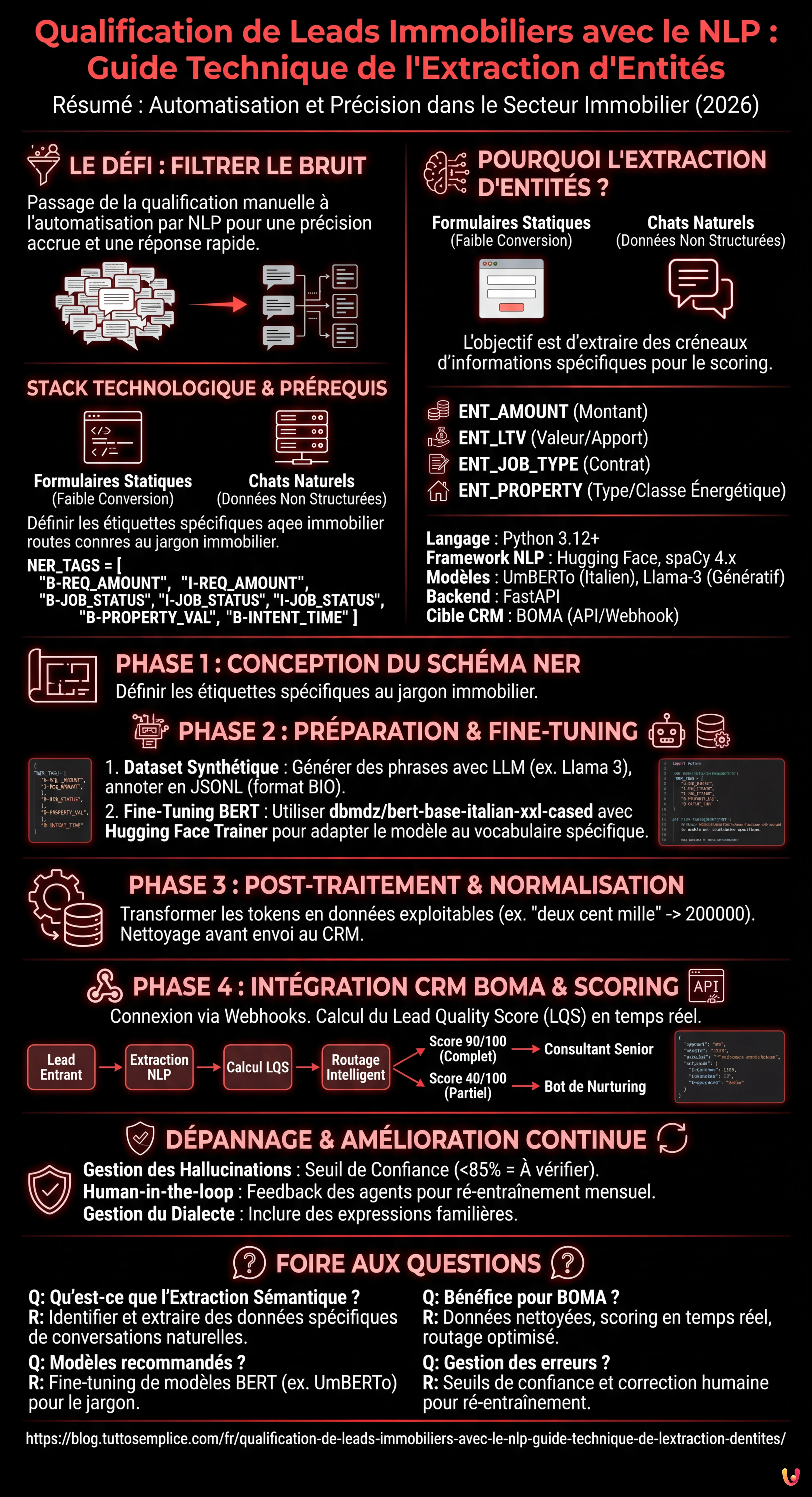 Qualification de Leads Immobiliers avec le NLP : Guide Technique de l'Extraction d'Entit&eacute;s - Infographie r&eacute;sumant