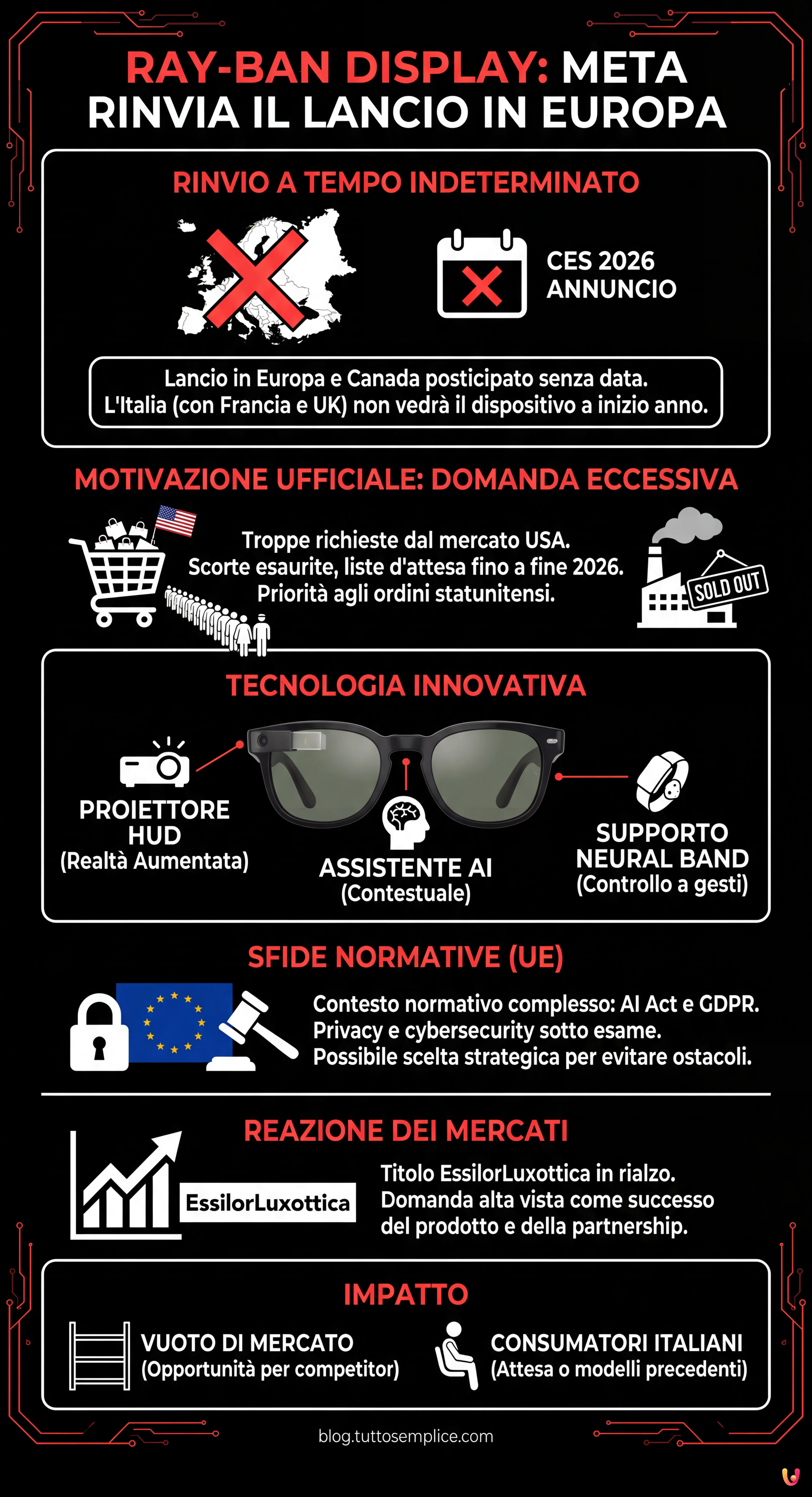 Ray-Ban Display: Meta rinvia il lancio in Europa a tempo indeterminato - Infografica riassuntiva
