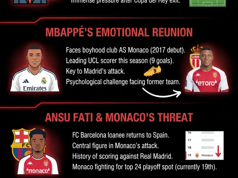 Infografica: Real Madrid vs Monaco: Arbeloa's European Debut and Mbapp&eacute;'s Reunion in High-Stakes Clash