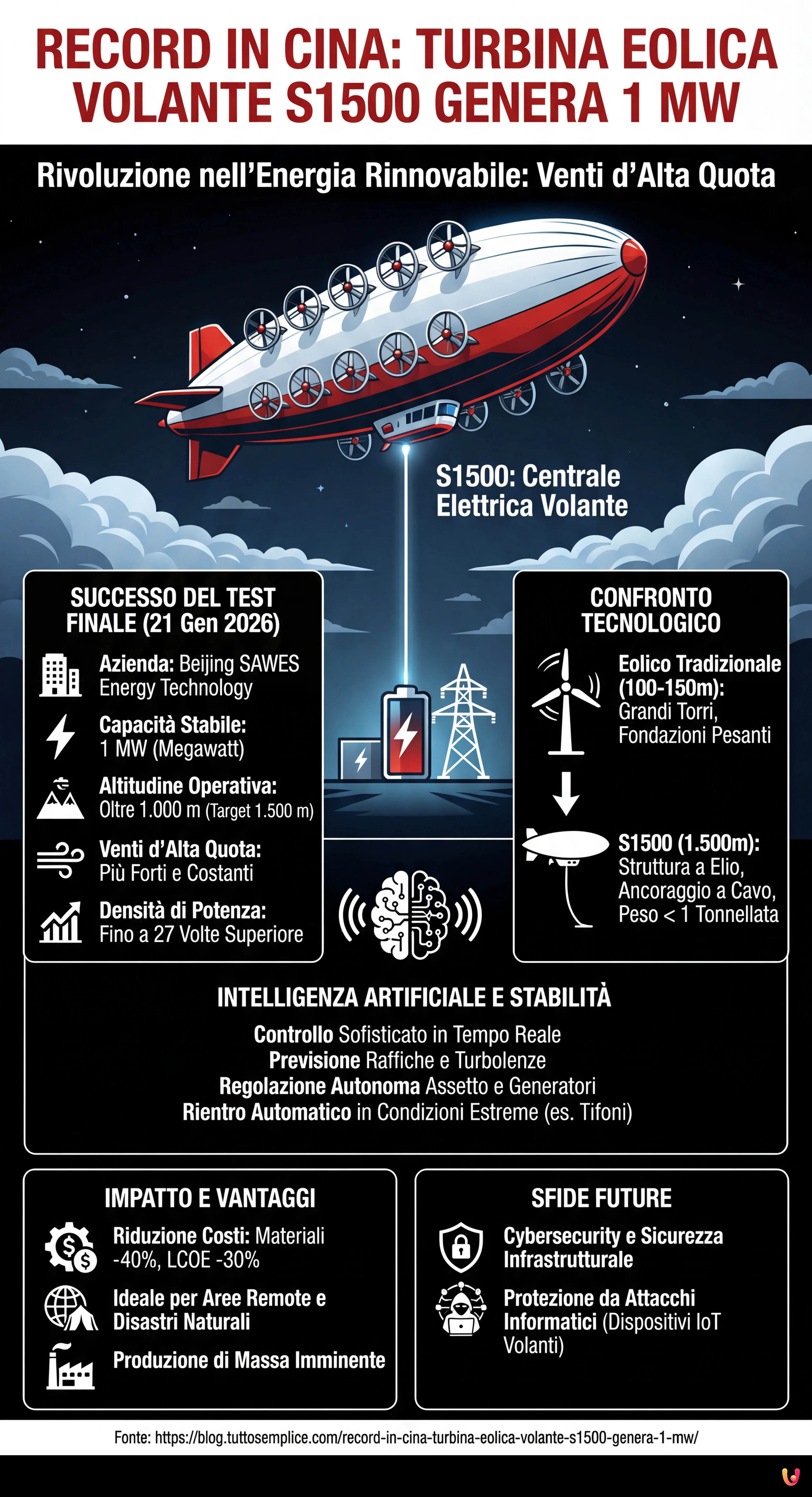 Record in Cina: turbina eolica volante S1500 genera 1 MW - Infografica riassuntiva