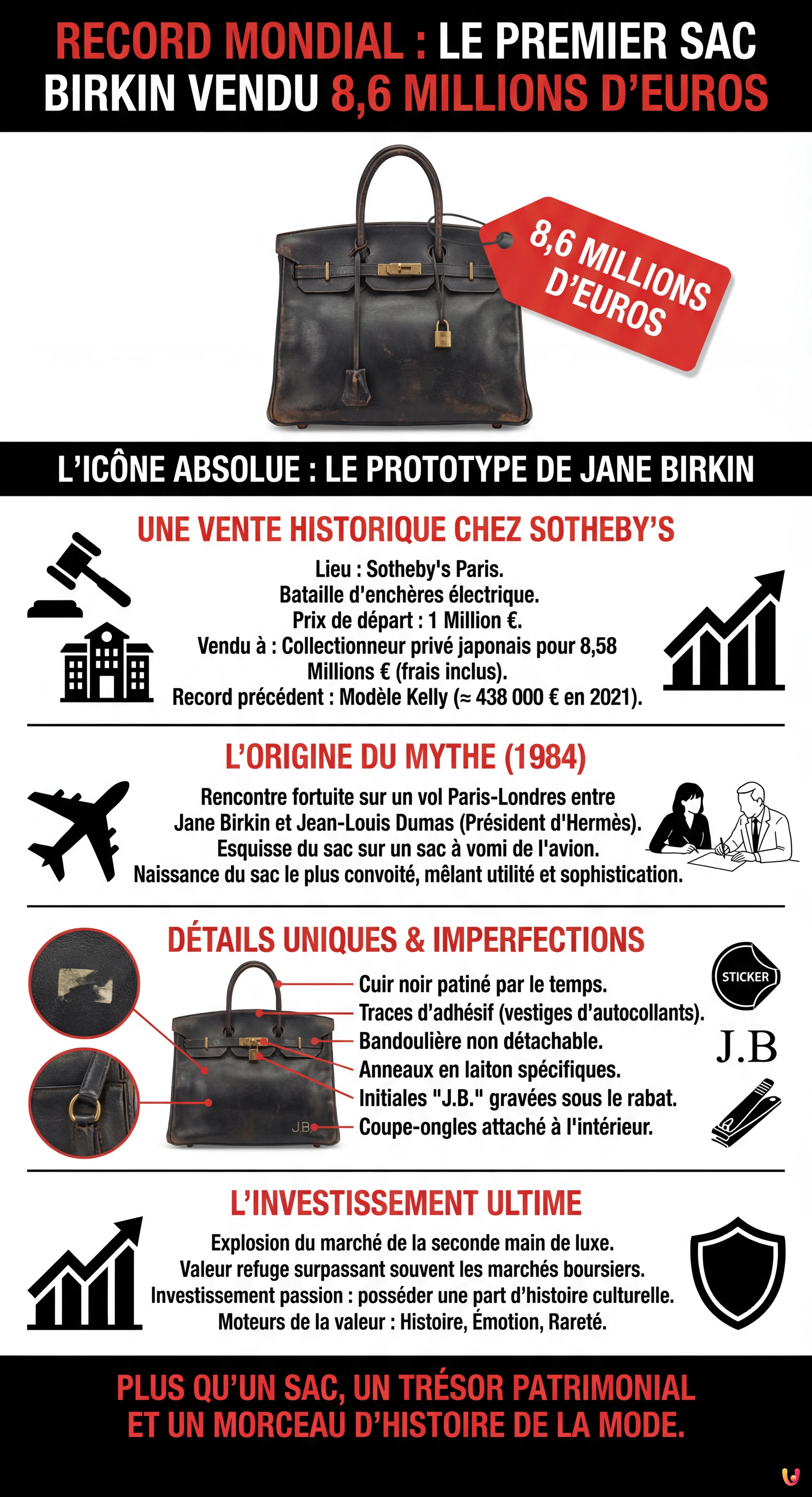 Record mondial : le premier sac Birkin vendu 8,6 millions d'euros - Infographie r&eacute;sumant