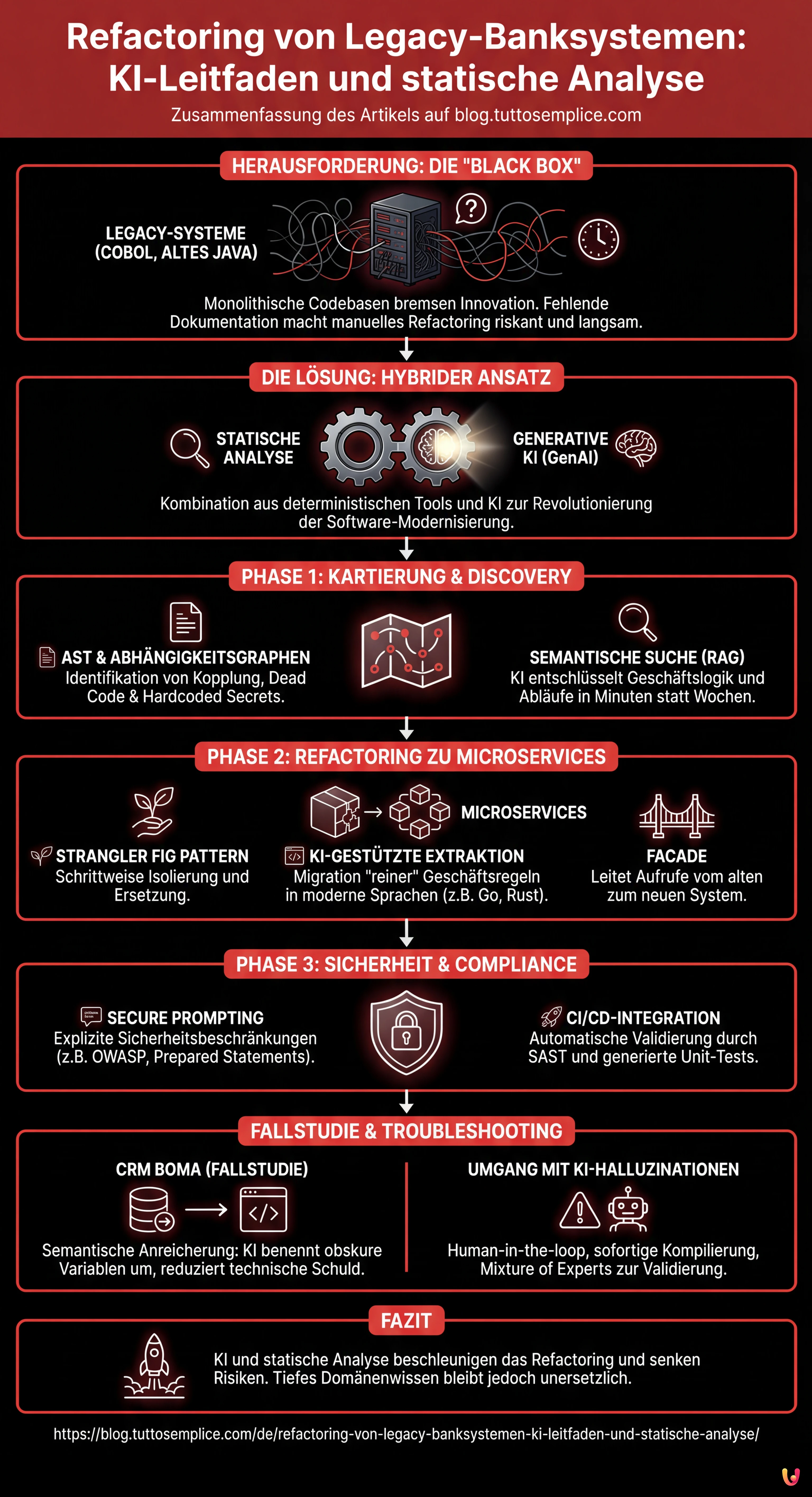 Refactoring von Legacy-Banksystemen: KI-Leitfaden und statische Analyse - Zusammenfassende Infografik