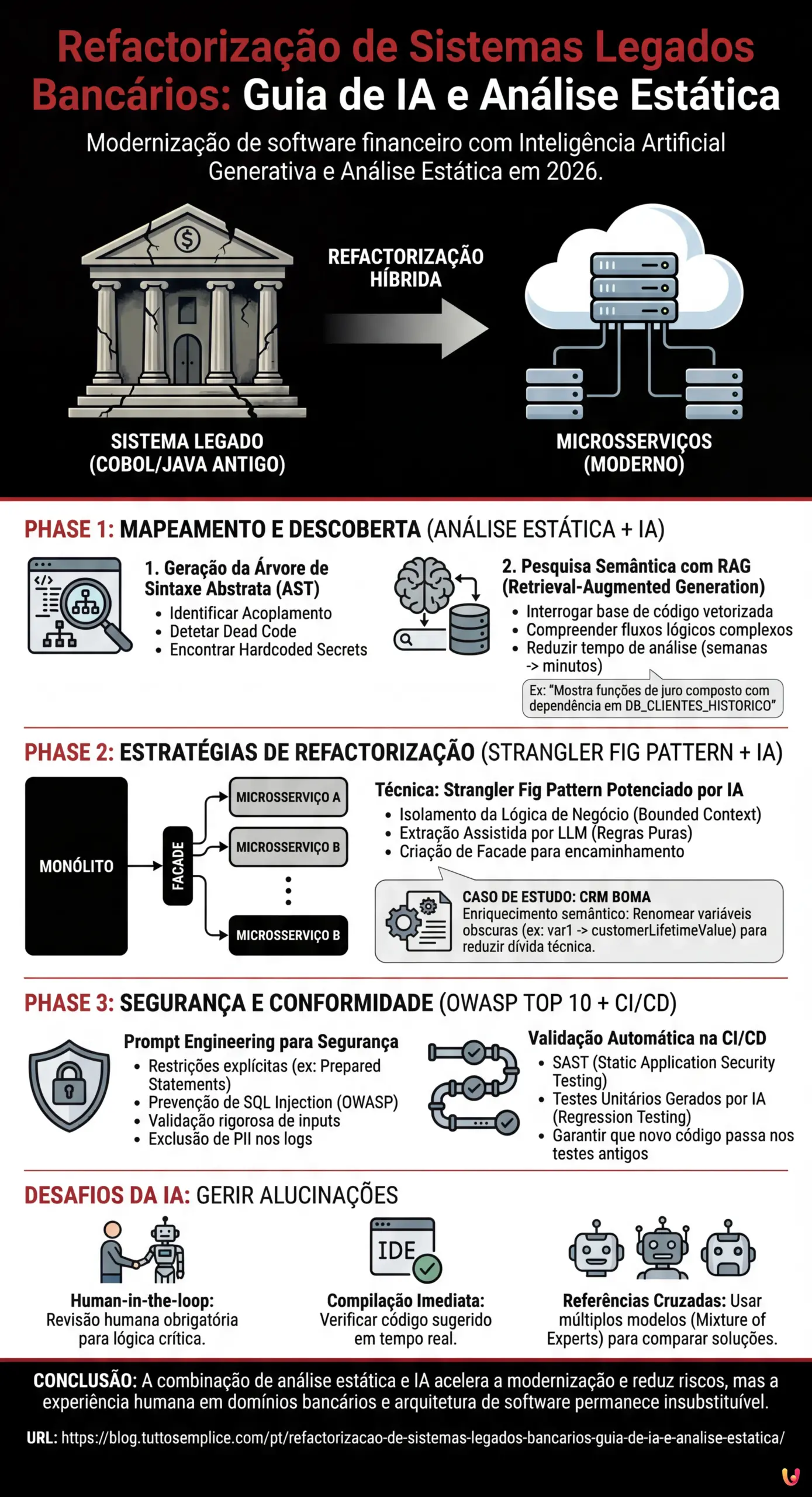 Refactoriza&ccedil;&atilde;o de Sistemas Legados Banc&aacute;rios: Guia de IA e An&aacute;lise Est&aacute;tica - Infogr&aacute;fico resumido
