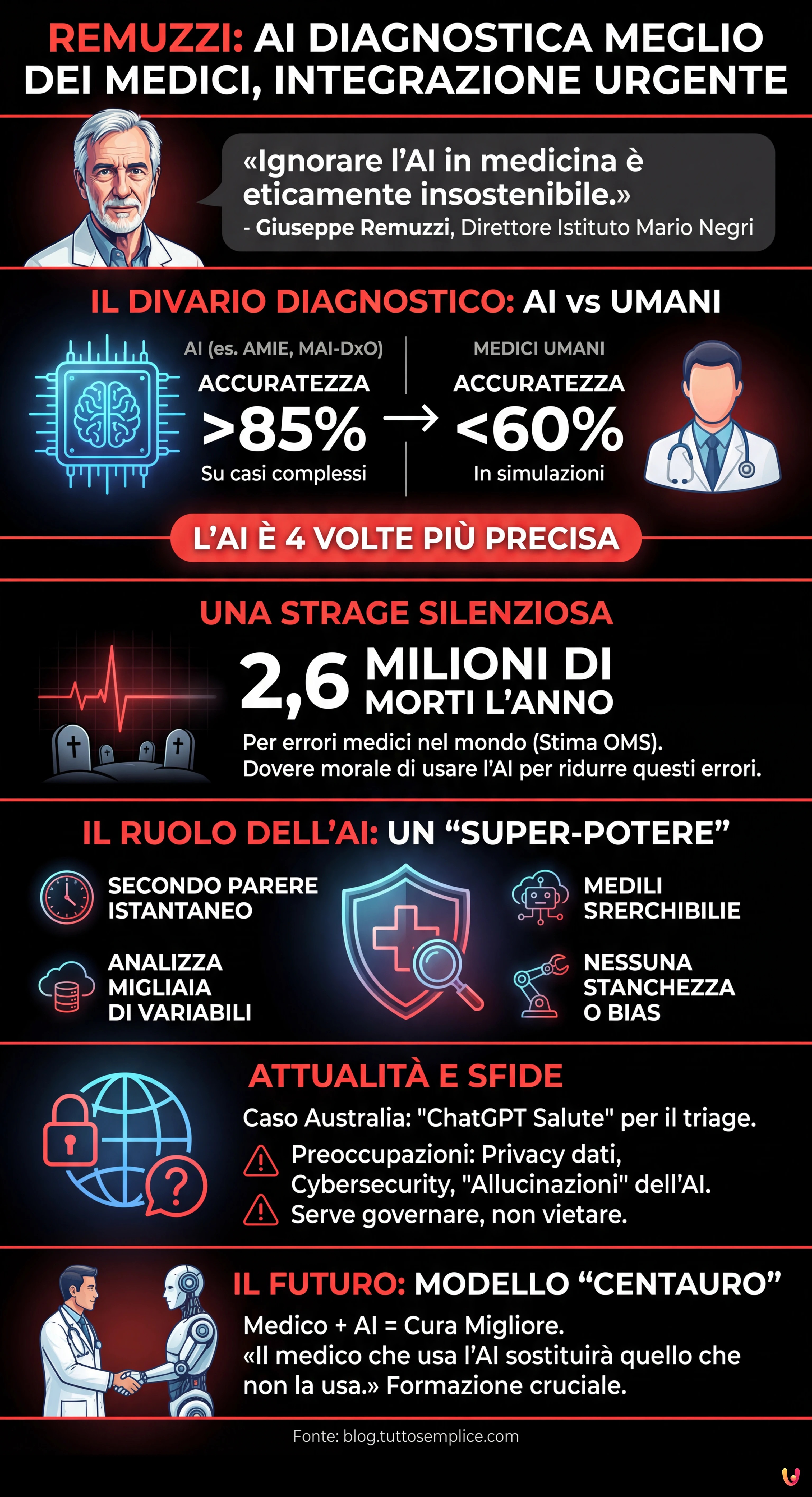 Remuzzi: AI diagnostica meglio dei medici, serve integrarla subito - Infografica riassuntiva