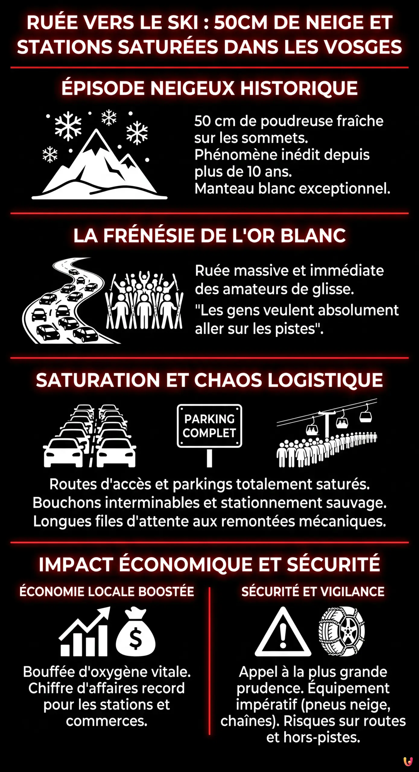 Ru&eacute;e vers le ski : 50cm de neige et stations satur&eacute;es dans les Vosges - Infographie r&eacute;sumant