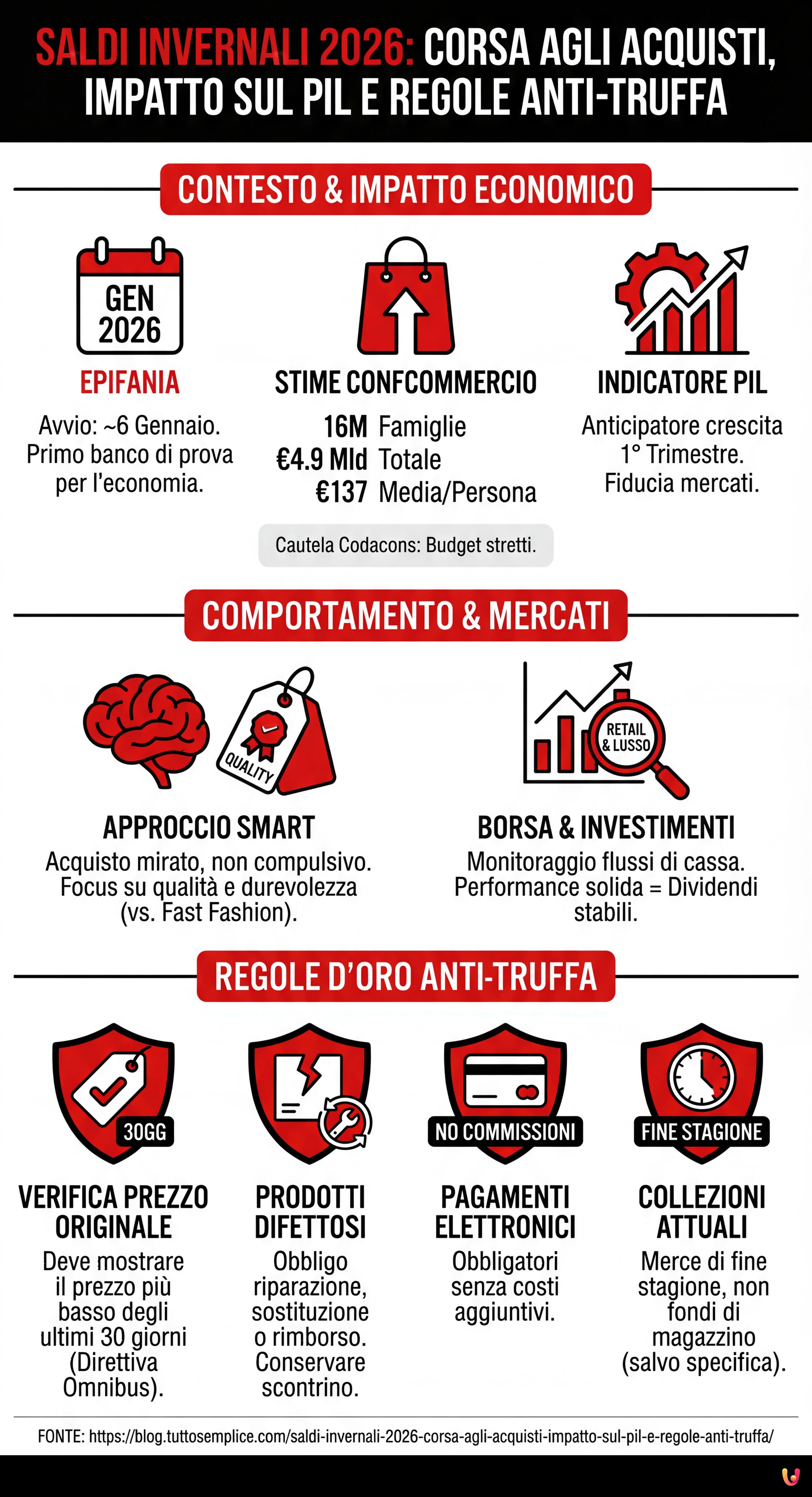 Saldi Invernali 2026: Corsa agli Acquisti, Impatto sul PIL e Regole Anti-Truffa - Infografica riassuntiva