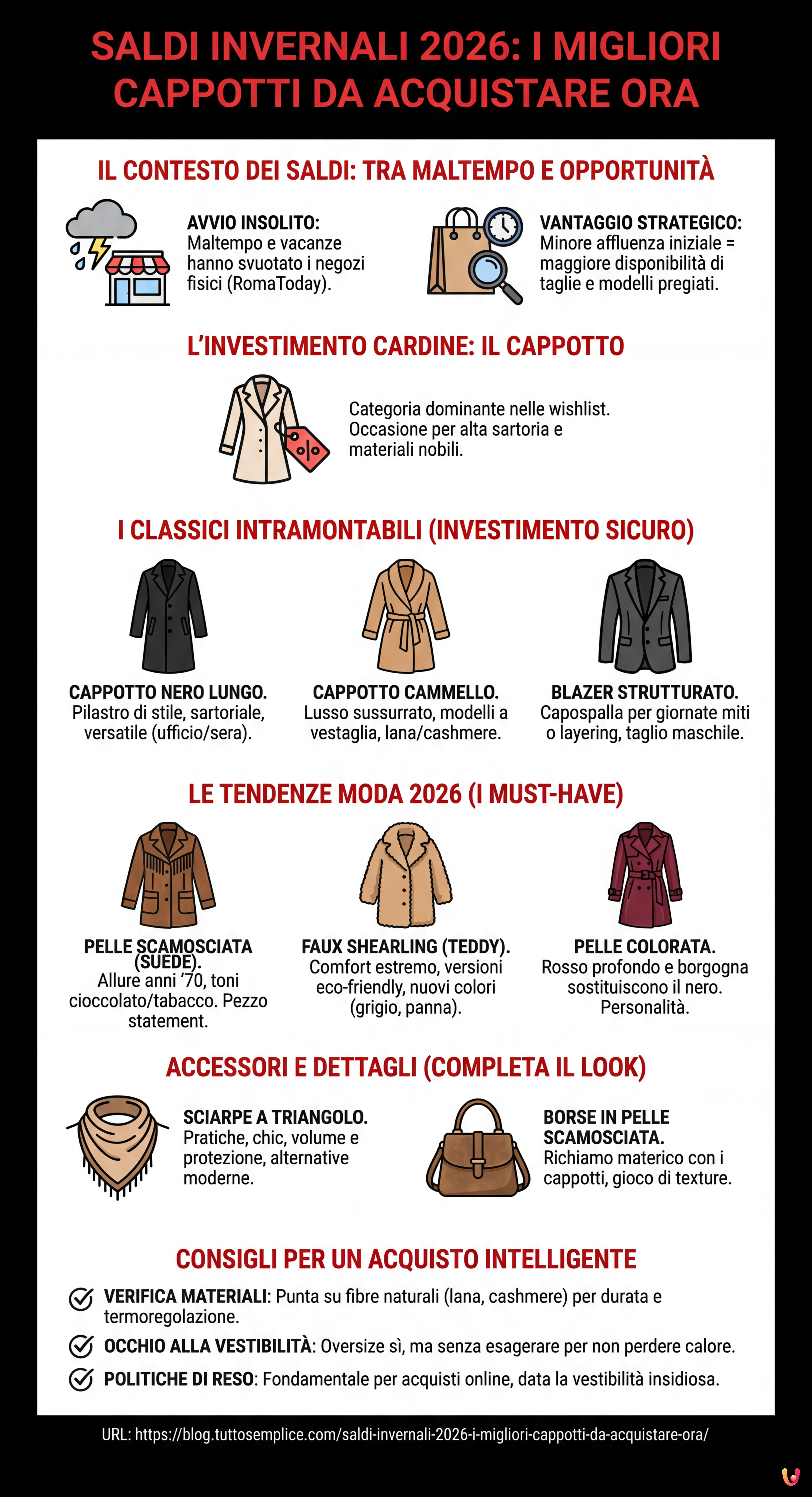 Saldi Invernali 2026: I Migliori Cappotti da Acquistare Ora - Infografica riassuntiva