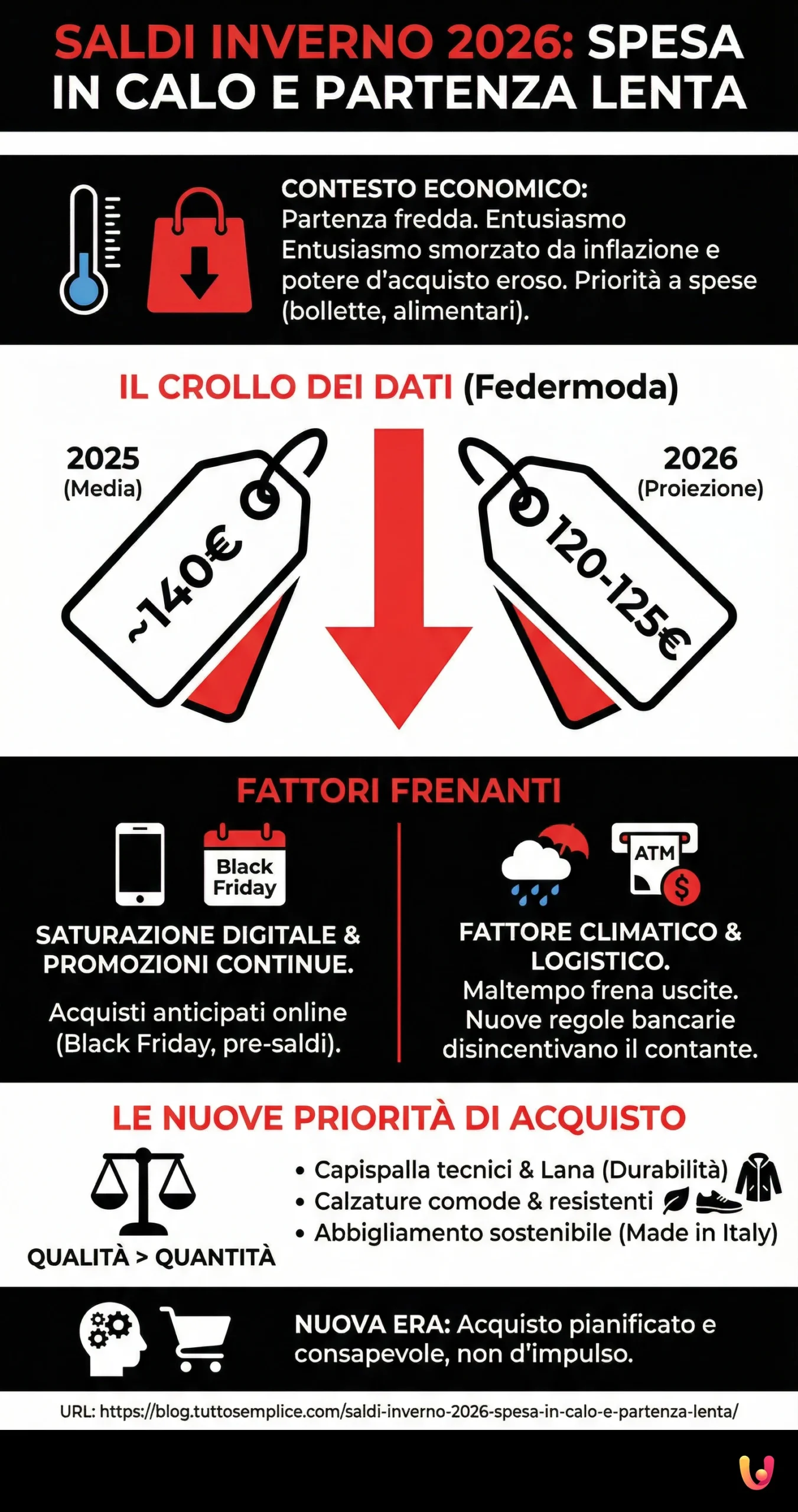 Saldi Inverno 2026: Spesa in Calo e Partenza Lenta - Infografica riassuntiva