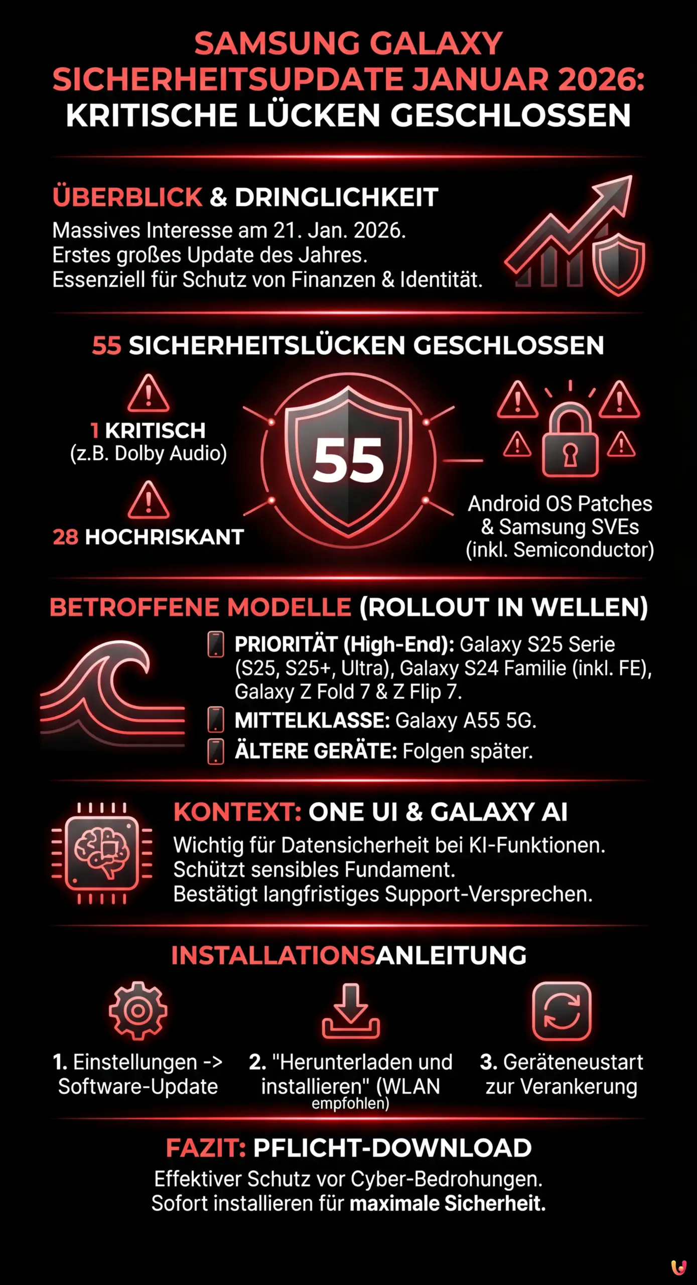 Samsung Galaxy Sicherheitsupdate Januar 2026: Kritische L&uuml;cken geschlossen - Zusammenfassende Infografik