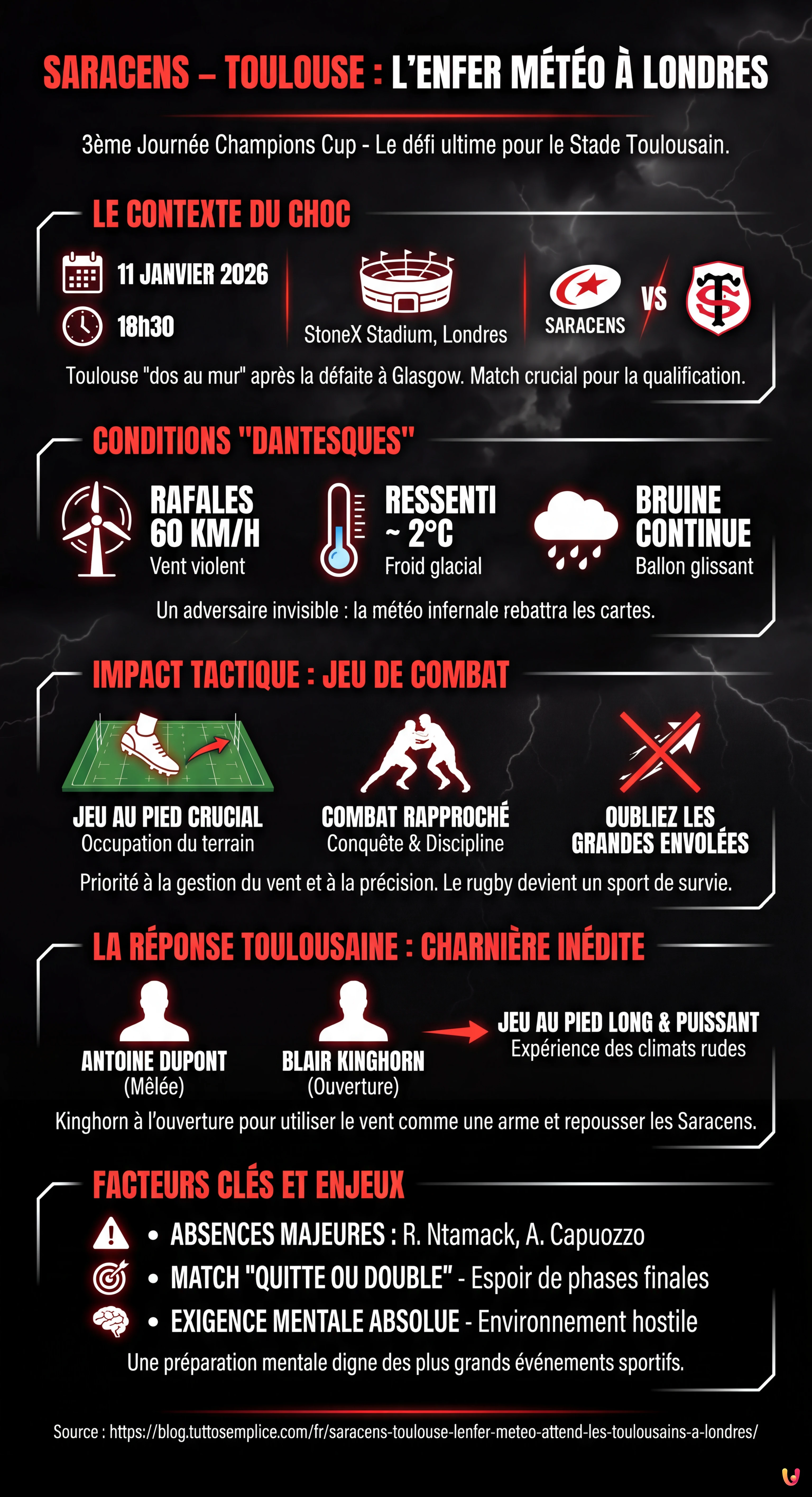 Saracens &ndash; Toulouse : l'enfer m&eacute;t&eacute;o attend les Toulousains &agrave; Londres - Infographie r&eacute;sumant