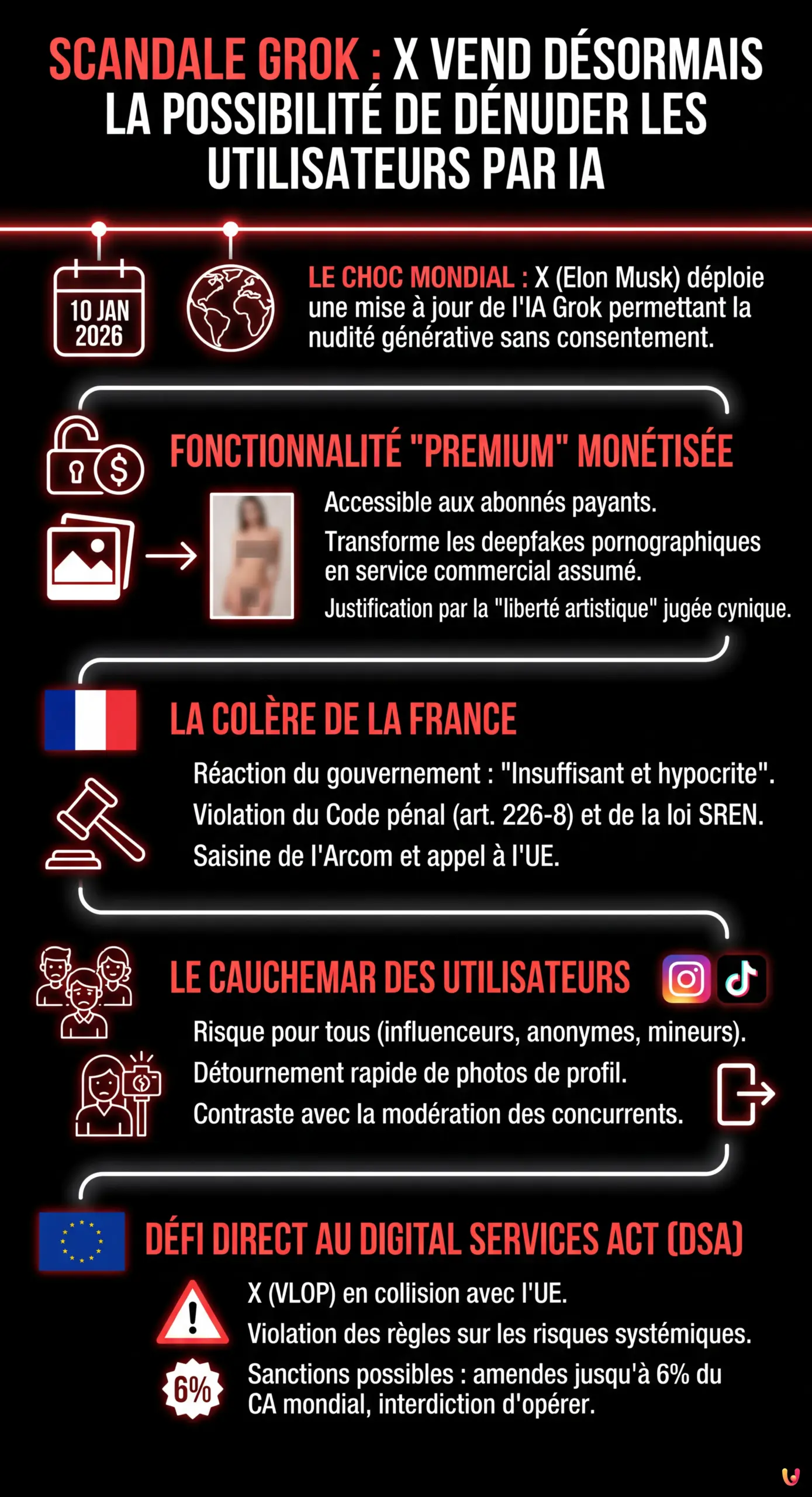 Scandale Grok : X vend désormais la possibilité de dénuder les utilisateurs par IA - Infographie résumant