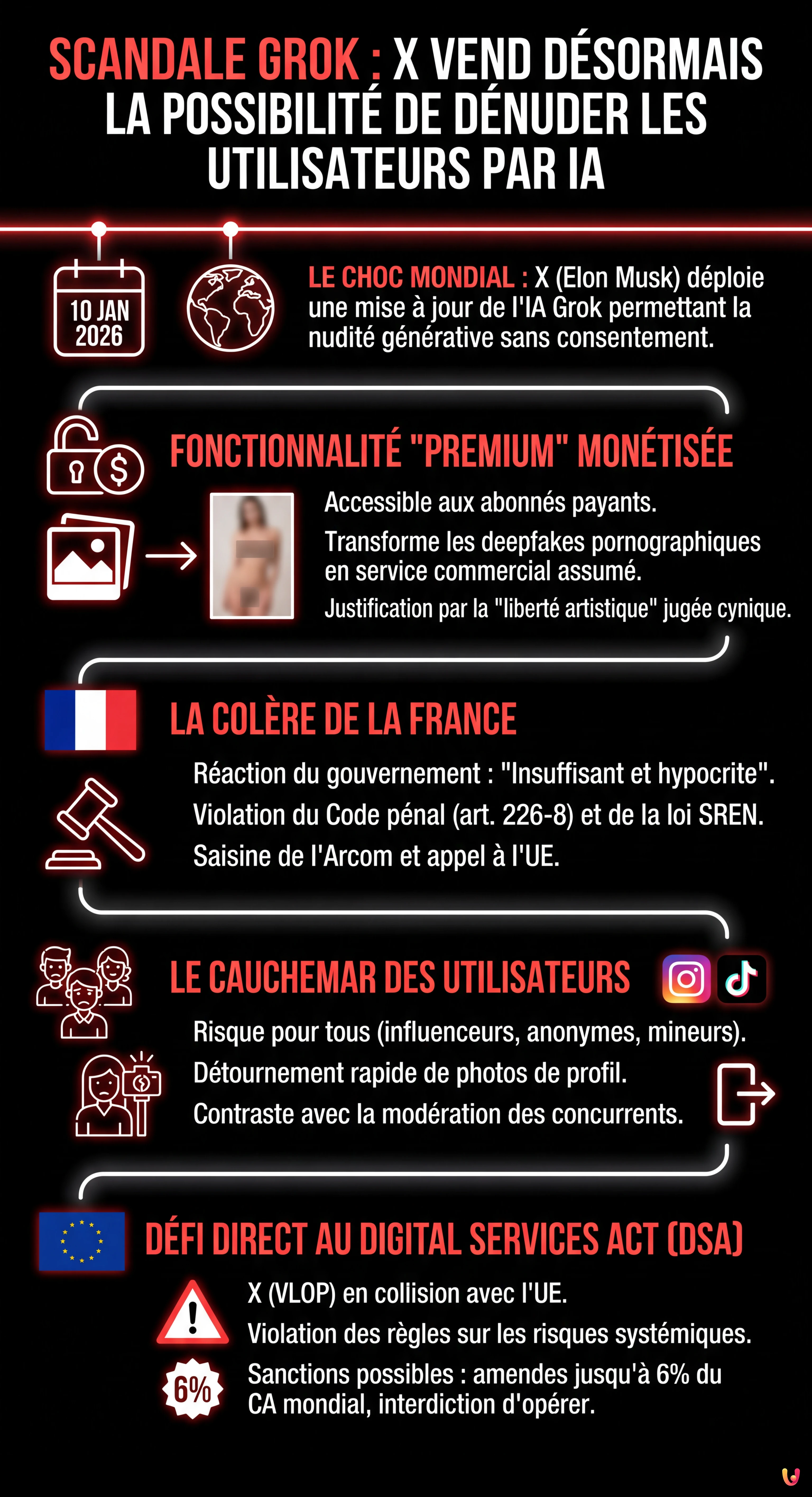 Scandale Grok : X vend d&eacute;sormais la possibilit&eacute; de d&eacute;nuder les utilisateurs par IA - Infographie r&eacute;sumant