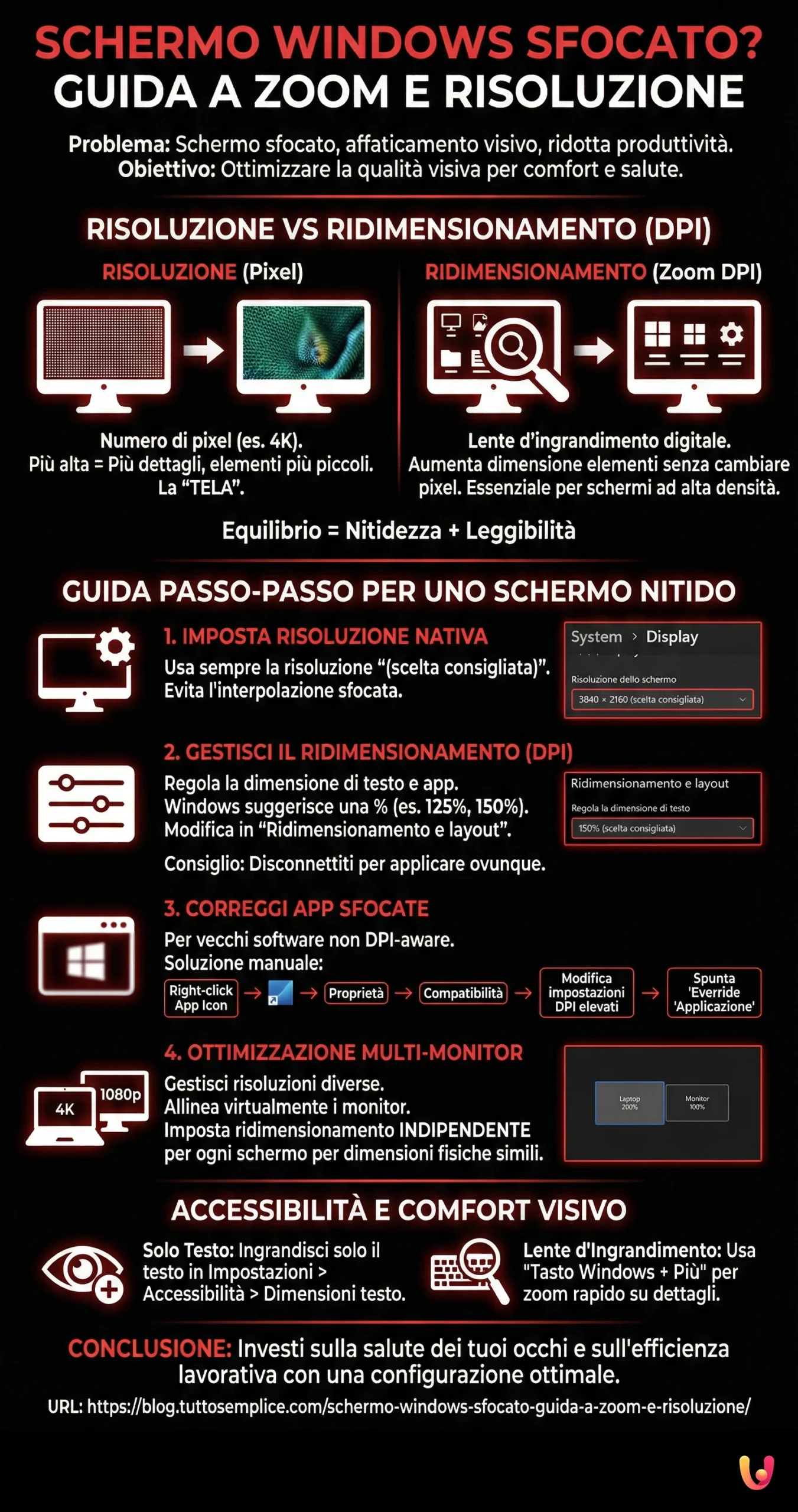 Schermo Windows Sfocato? Guida a Zoom e Risoluzione - Infografica riassuntiva