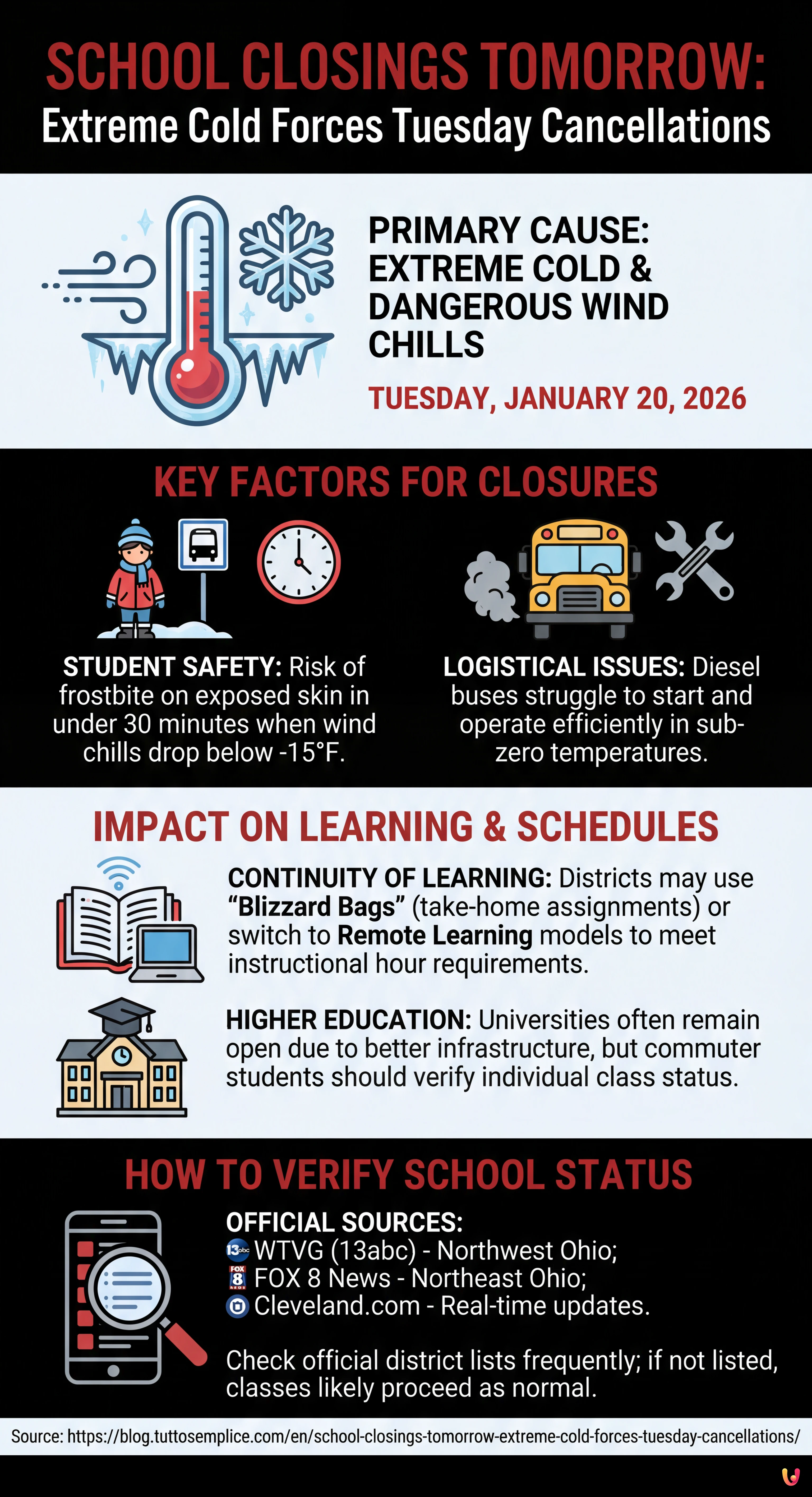 School Closings Tomorrow: Extreme Cold Forces Tuesday Cancellations - Summary Infographic