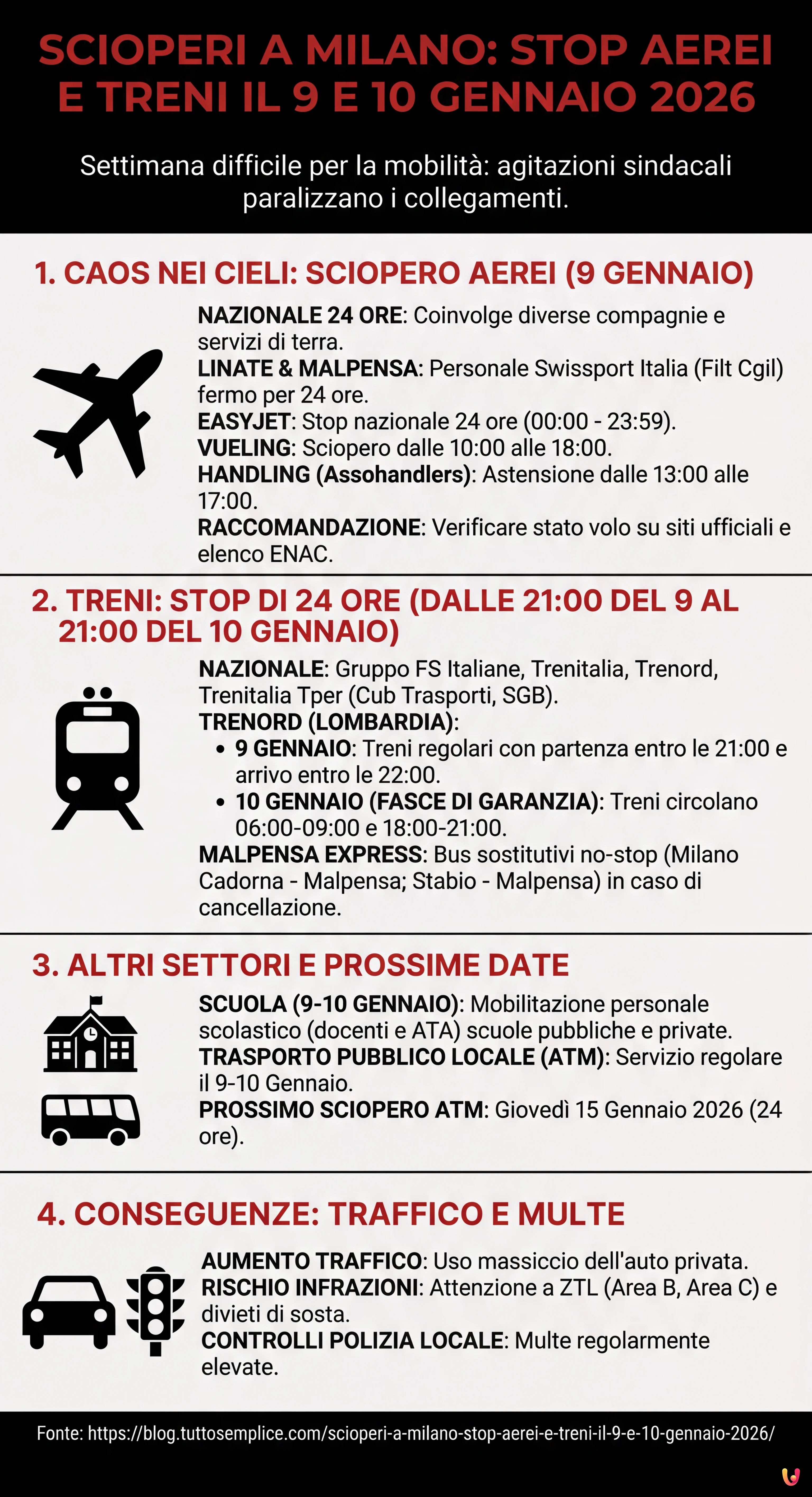 Scioperi a Milano: stop aerei e treni il 9 e 10 gennaio 2026 - Infografica riassuntiva