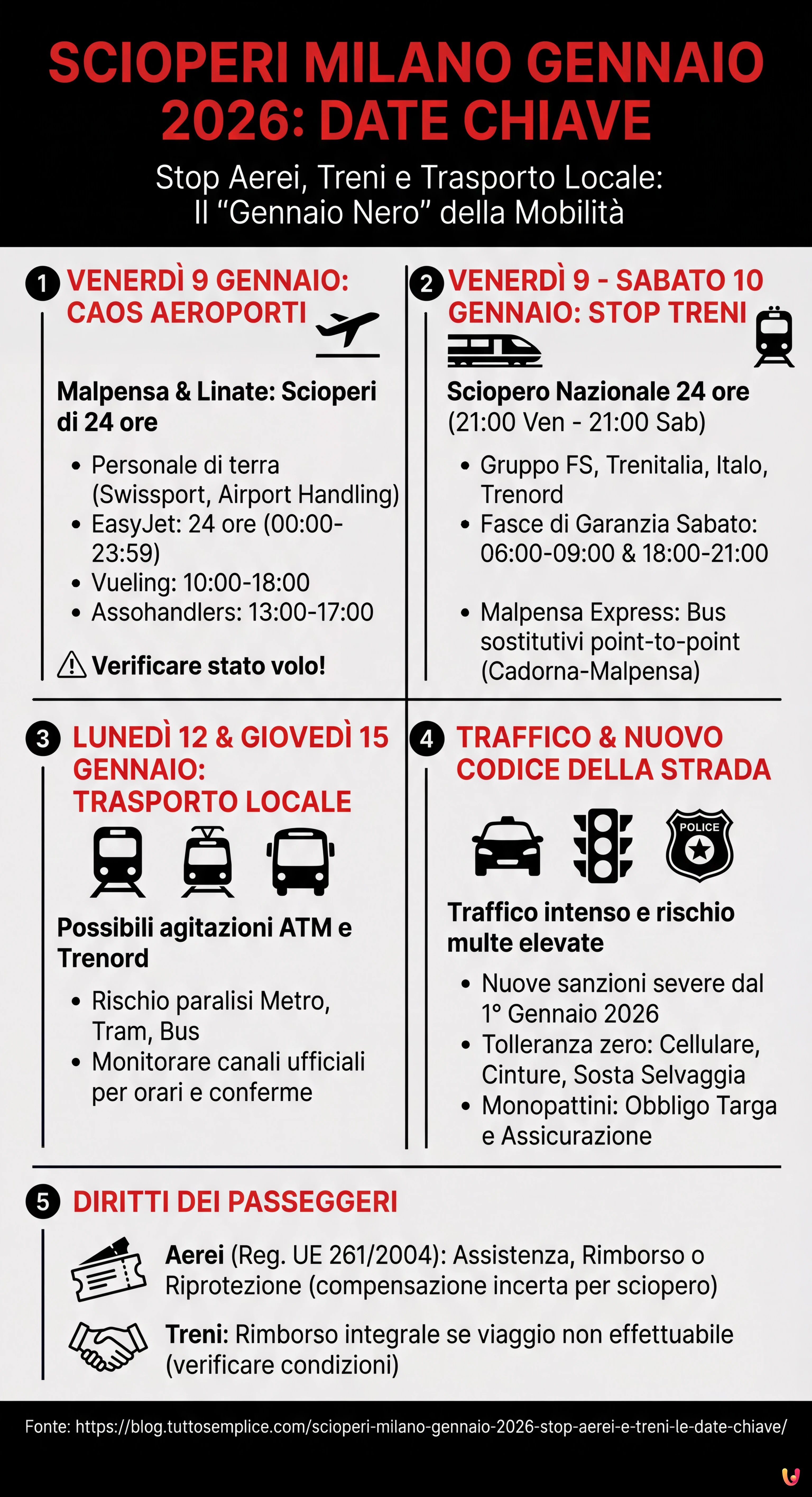 Scioperi Milano gennaio 2026: stop aerei e treni, le date chiave - Infografica riassuntiva