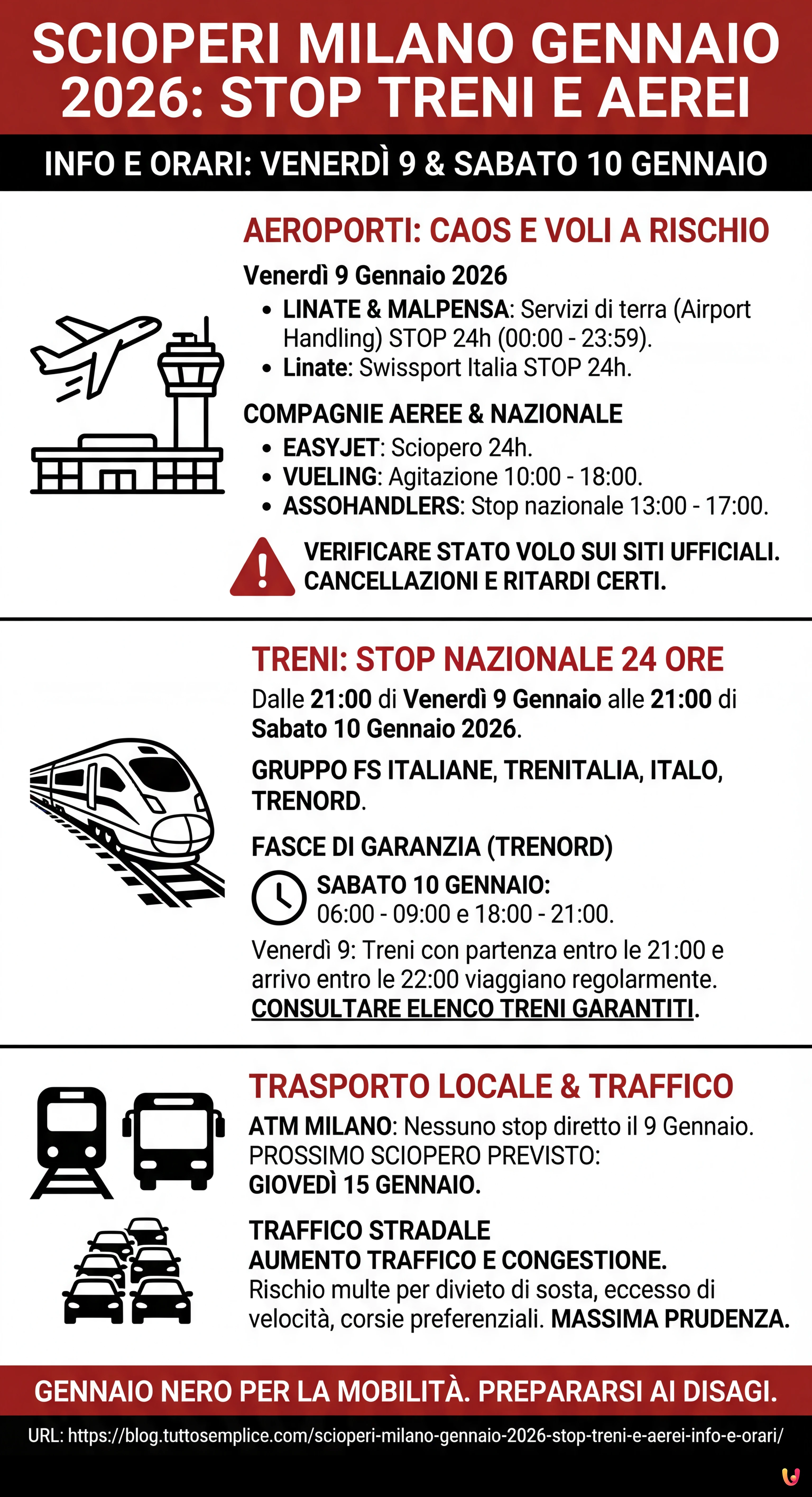 Scioperi Milano Gennaio 2026: Stop Treni e Aerei, Info e Orari - Infografica riassuntiva