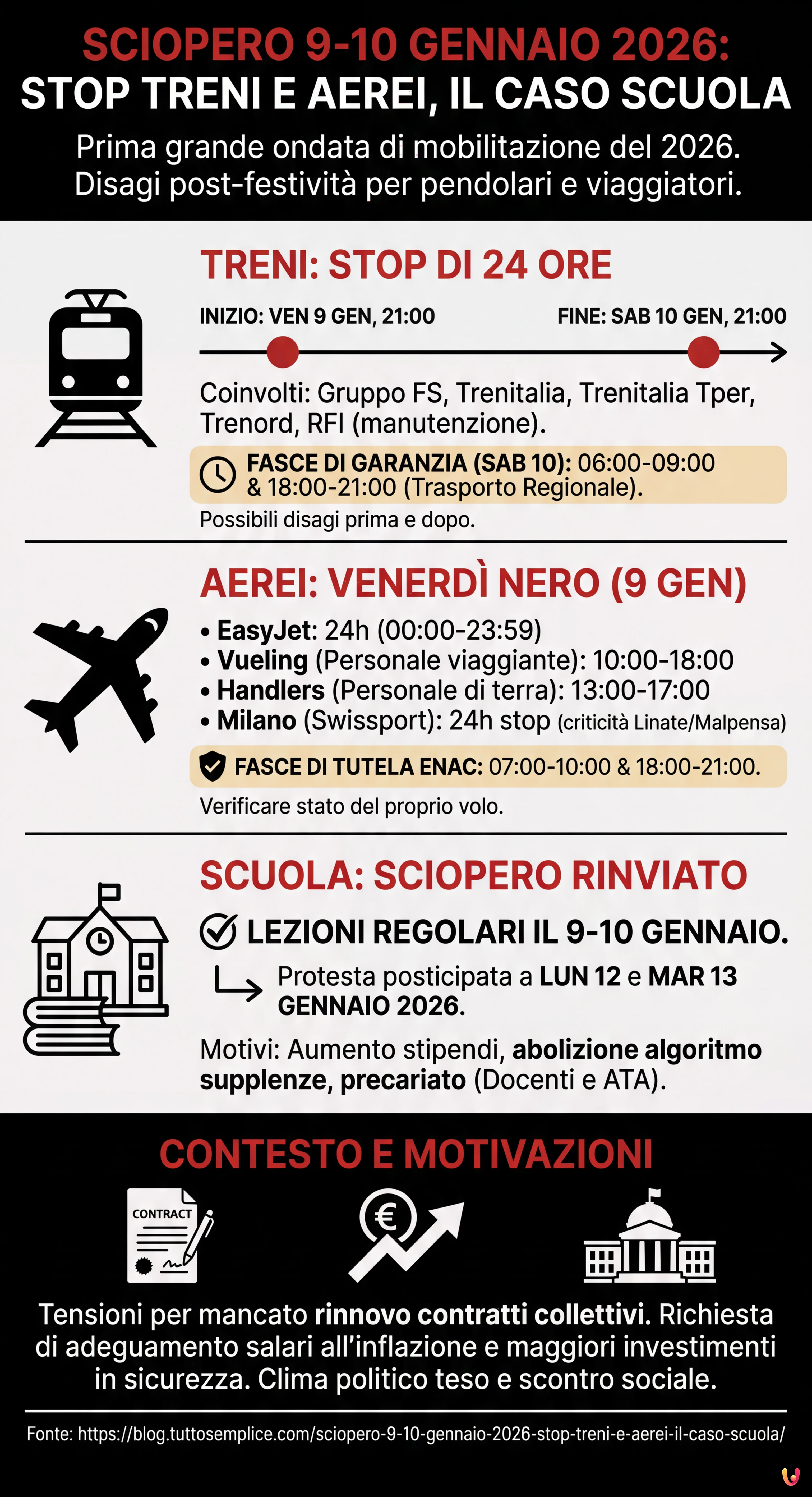 Sciopero 9-10 Gennaio 2026: Stop Treni e Aerei, il Caso Scuola - Infografica riassuntiva