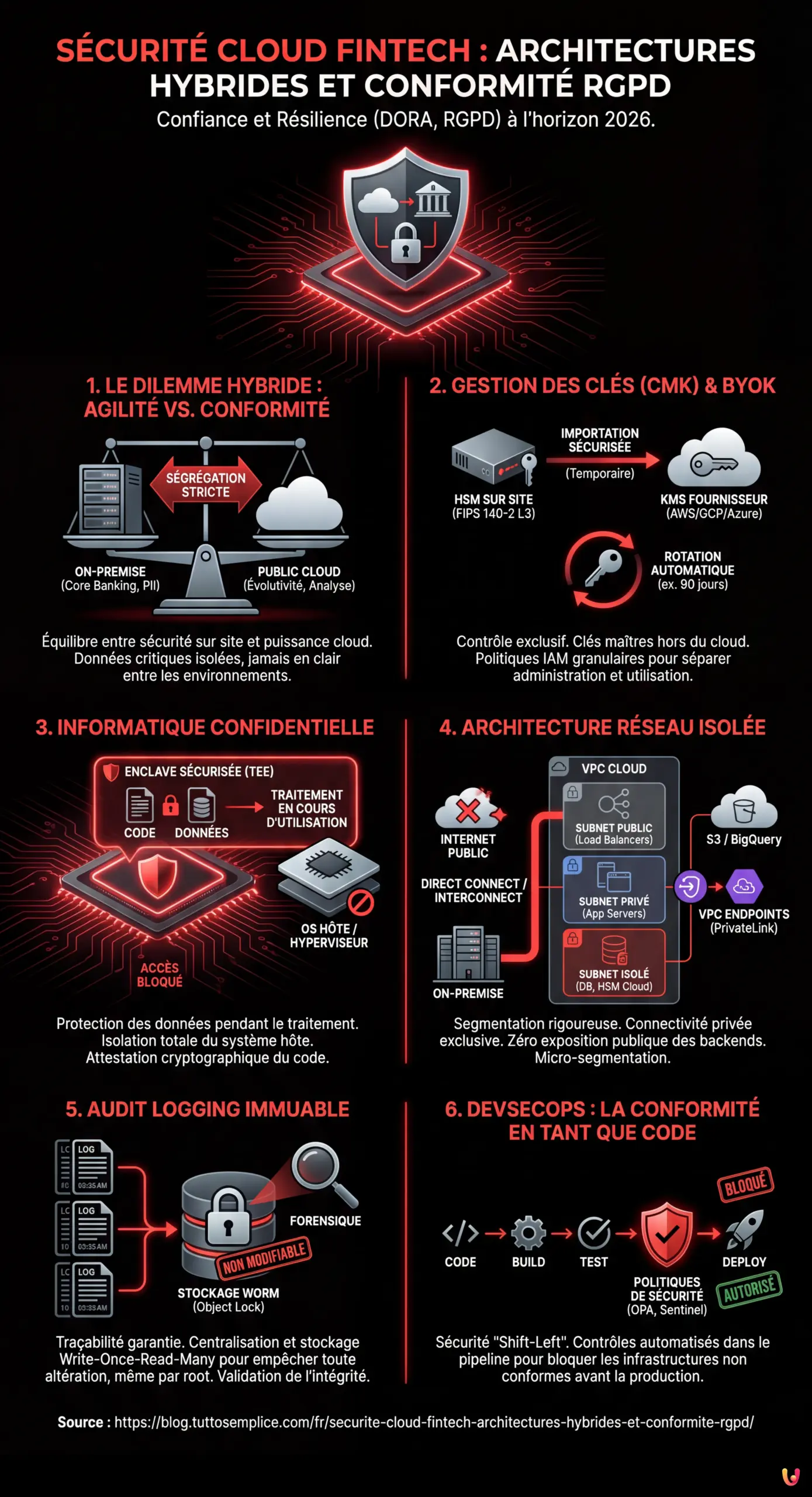 S&eacute;curit&eacute; Cloud Fintech : Architectures Hybrides et Conformit&eacute; RGPD - Infographie r&eacute;sumant
