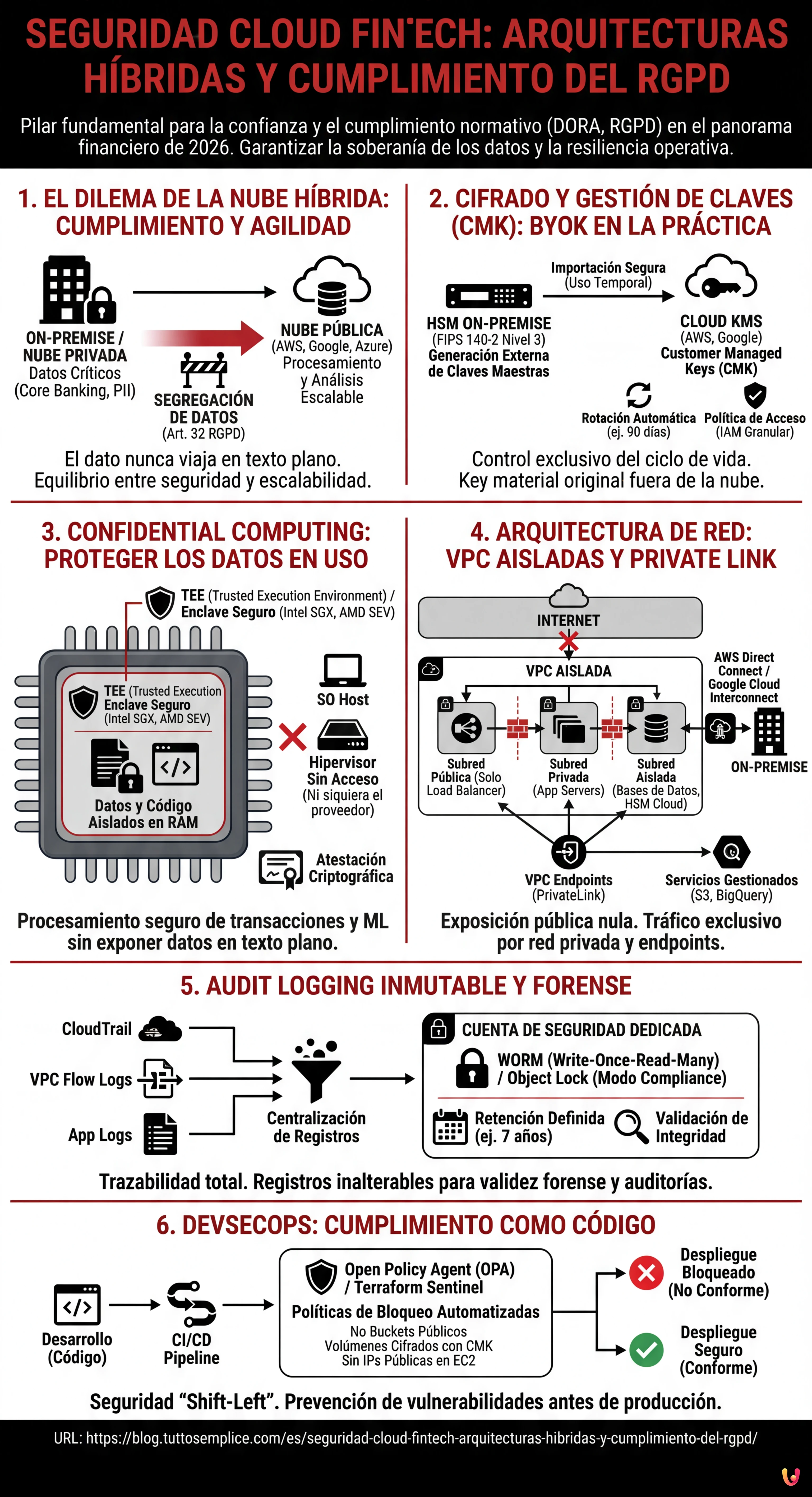 Seguridad Cloud Fintech: Arquitecturas H&iacute;bridas y Cumplimiento del RGPD - Infograf&iacute;a resumen