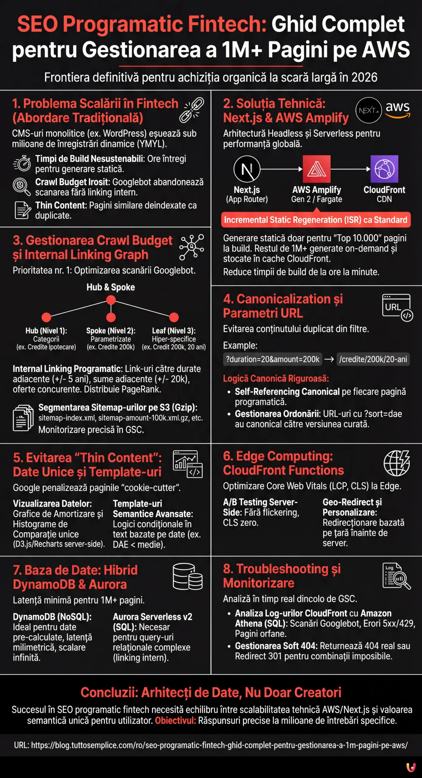 SEO Programatic Fintech: Ghid Complet pentru Gestionarea a 1M+ Pagini pe AWS - Infografic rezumativ