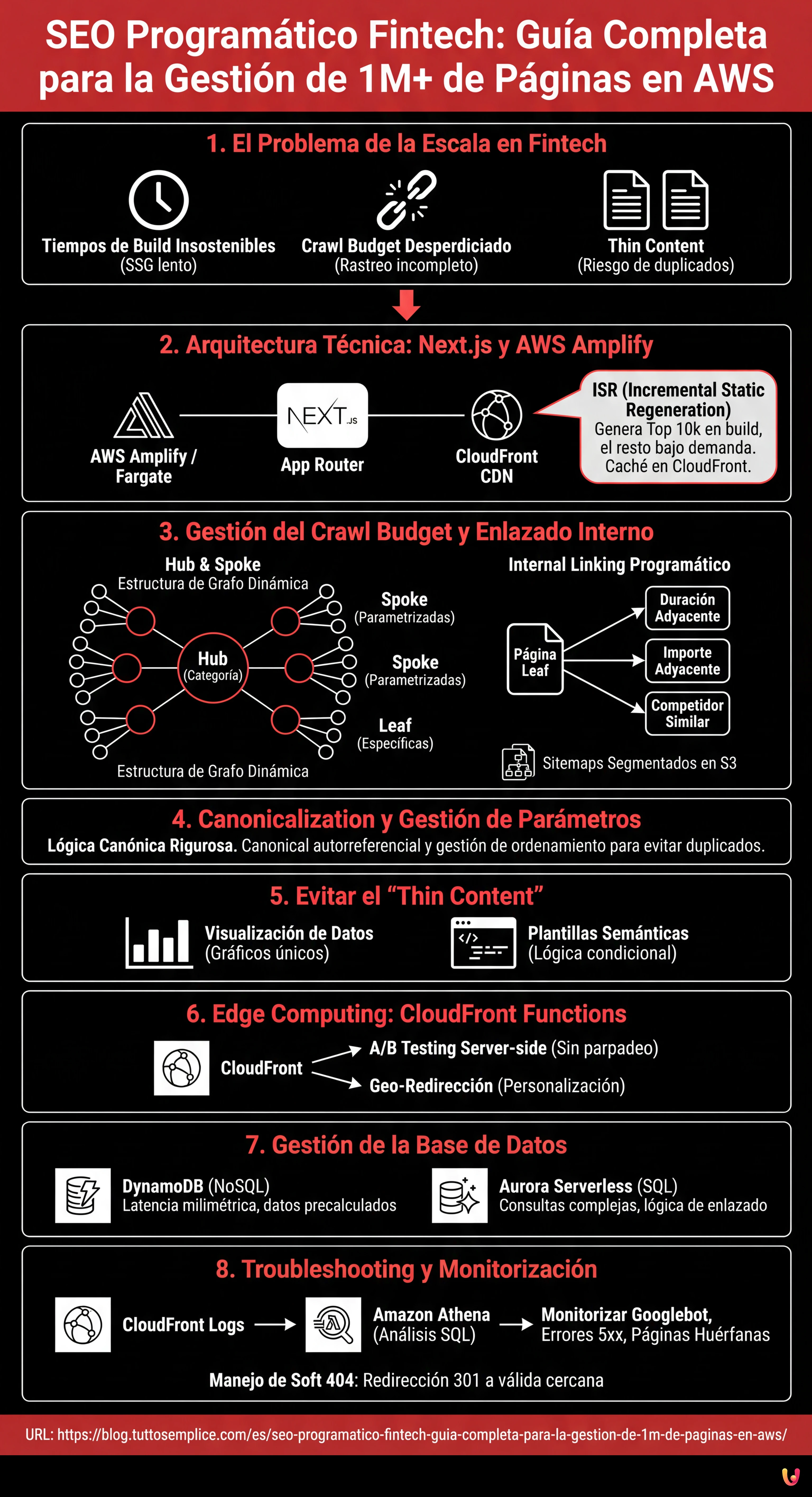 SEO Program&aacute;tico Fintech: Gu&iacute;a Completa para la Gesti&oacute;n de 1M+ de P&aacute;ginas en AWS - Infograf&iacute;a resumen