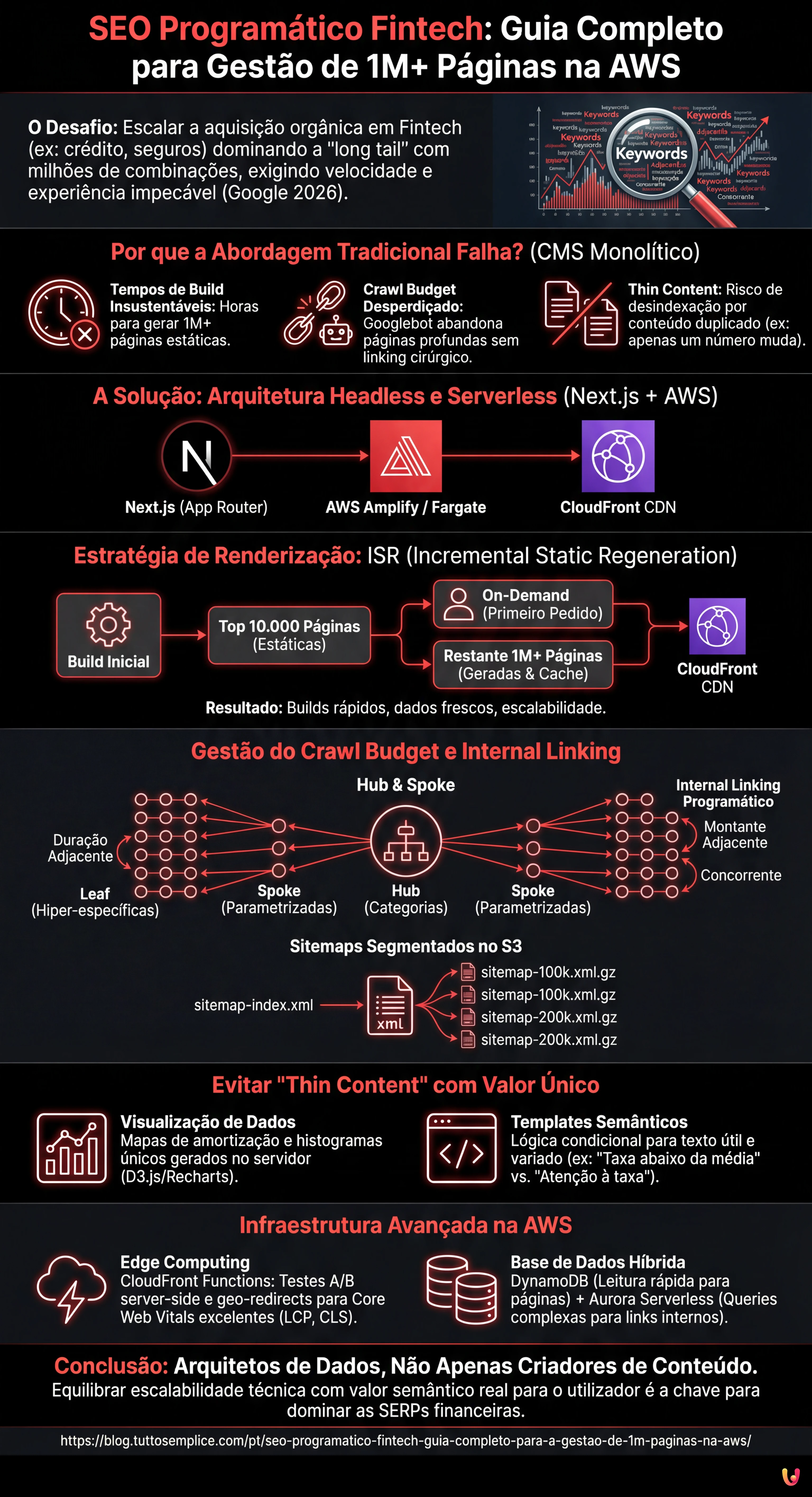 SEO Programático Fintech: Guia Completo para a Gestão de 1M+ Páginas na AWS - Infográfico resumido