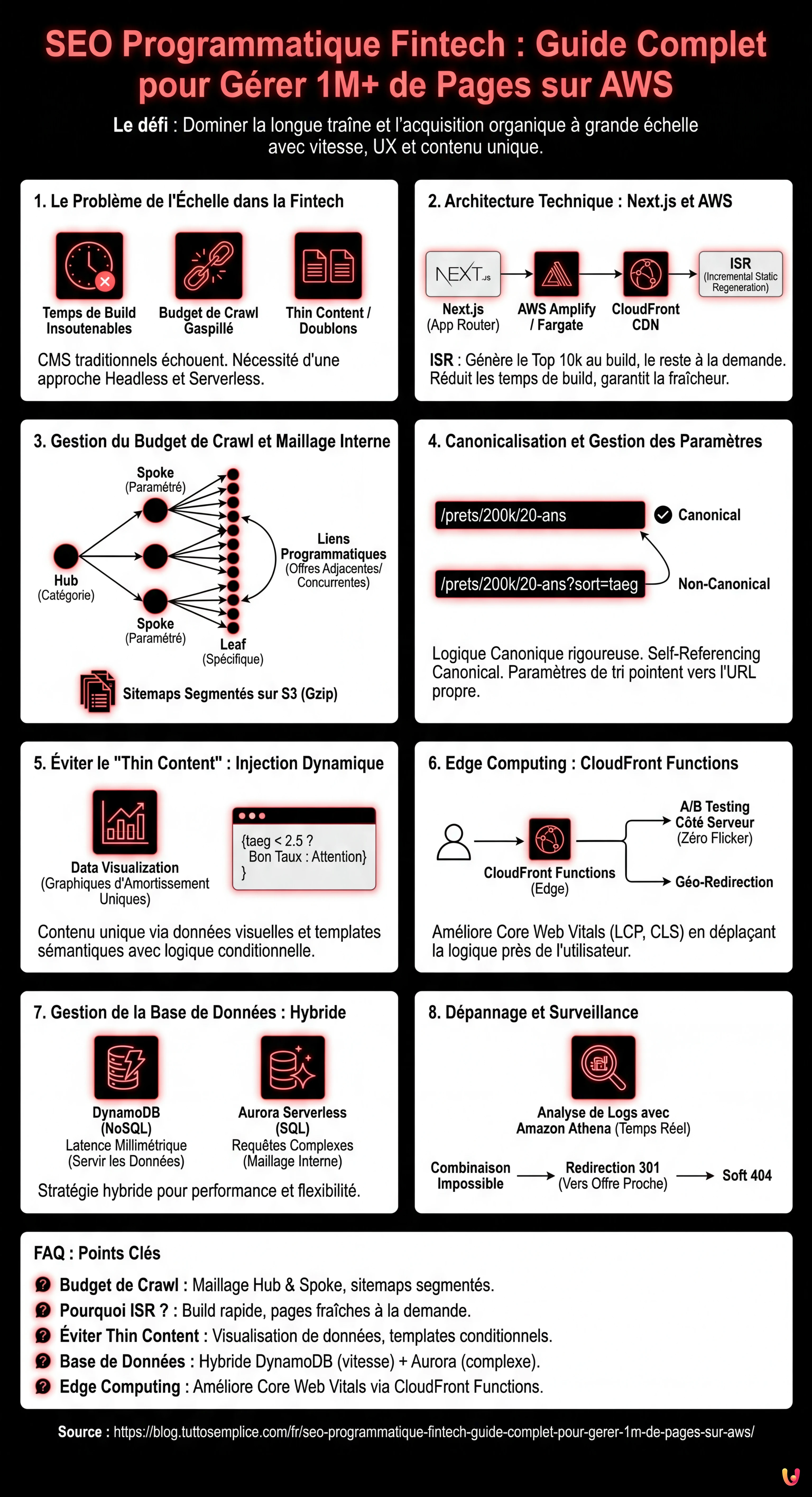 SEO Programmatique Fintech : Guide Complet pour G&eacute;rer 1M+ de Pages sur AWS - Infographie r&eacute;sumant