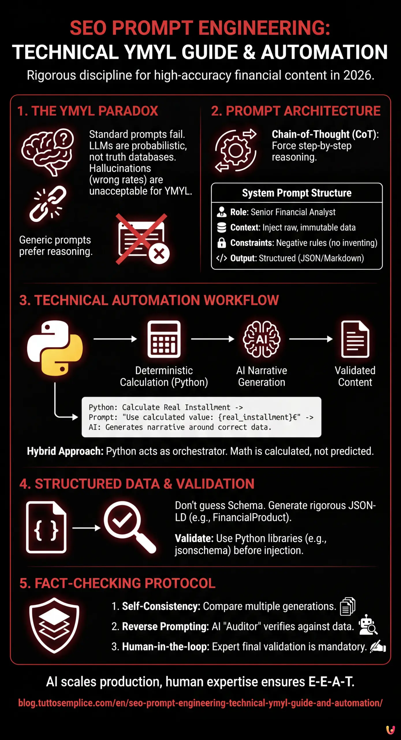 SEO Prompt Engineering: Technical YMYL Guide and Automation - Summary Infographic
