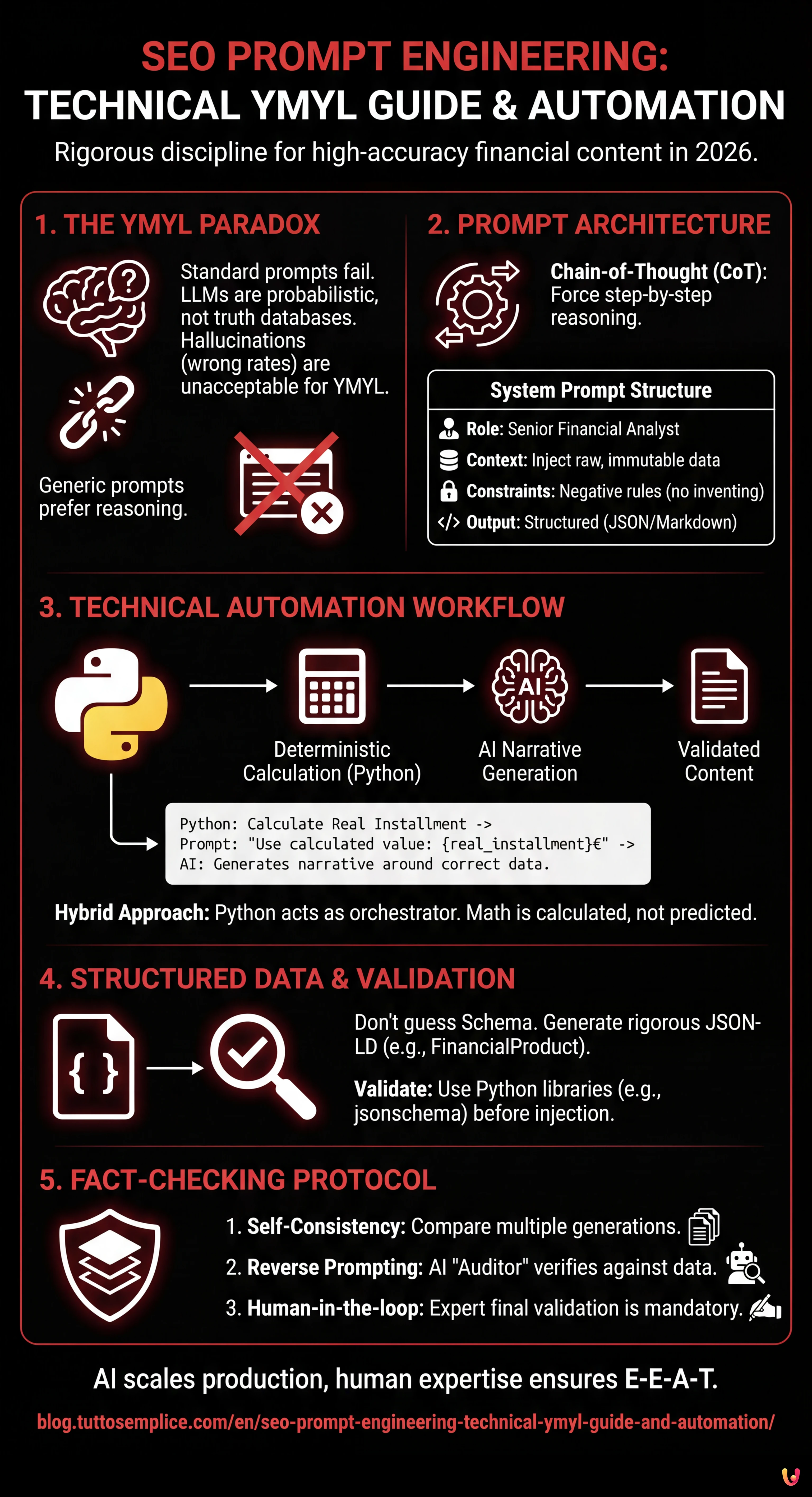 SEO Prompt Engineering: Technical YMYL Guide and Automation - Summary Infographic