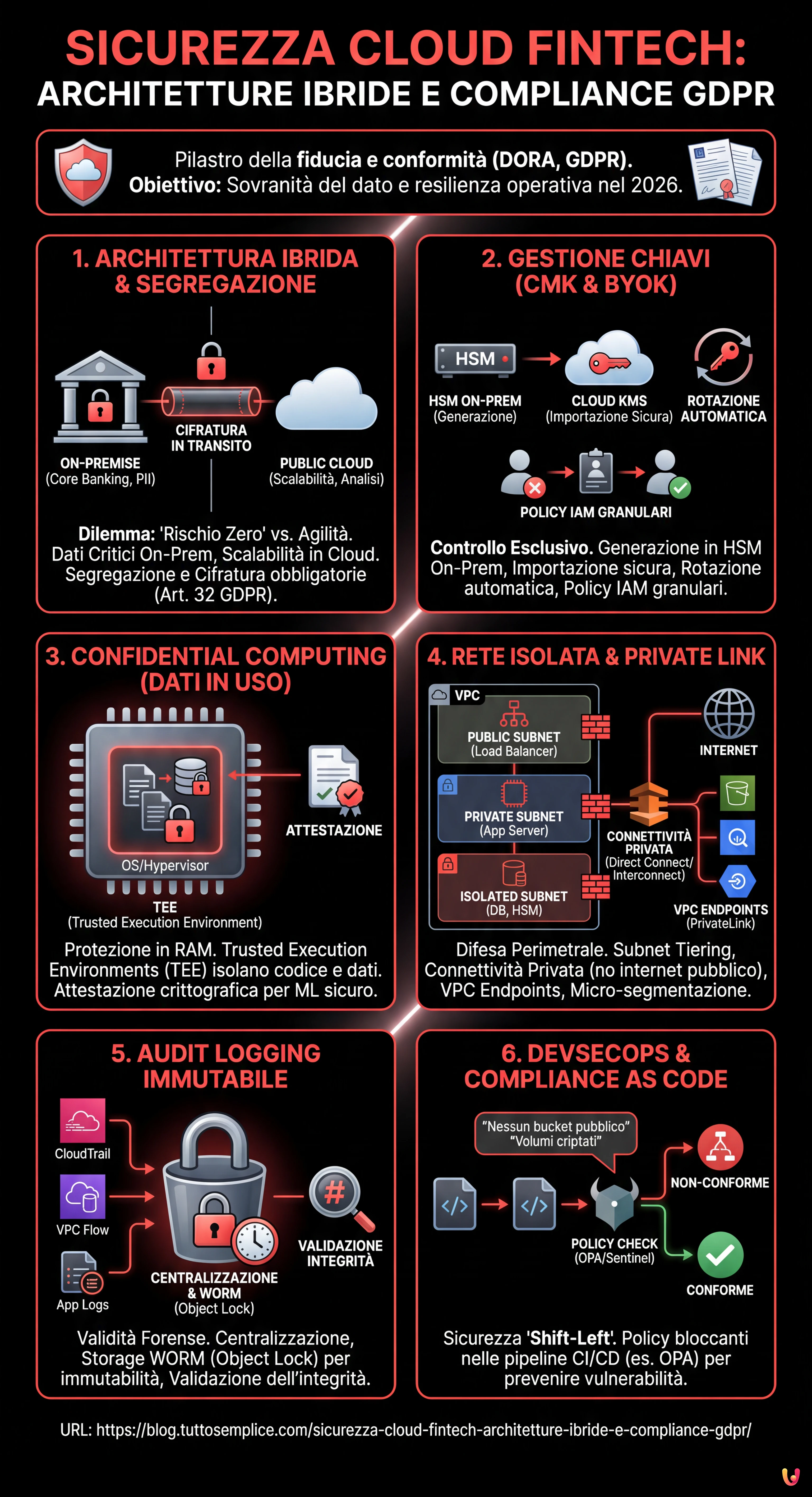 Sicurezza Cloud Fintech: Architetture Ibride e Compliance GDPR - Infografica riassuntiva
