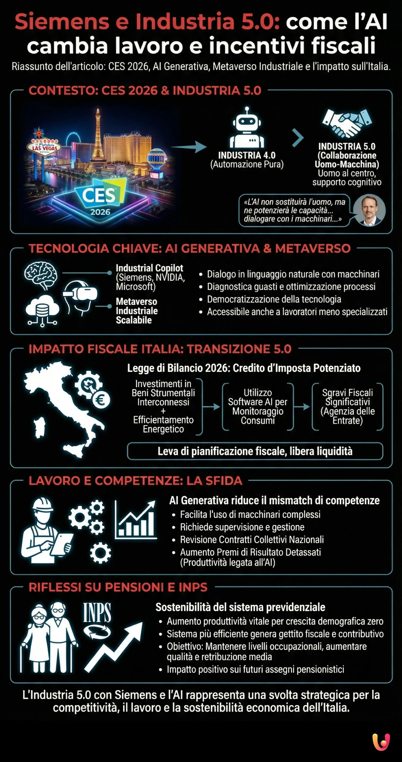 Siemens e Industria 5.0: come l'AI cambia lavoro e incentivi fiscali - Infografica riassuntiva