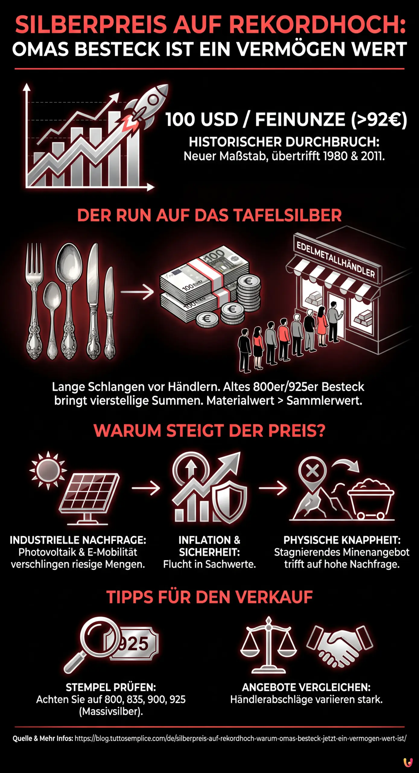 Silberpreis auf Rekordhoch: Warum Omas Besteck jetzt ein Vermögen wert ist - Zusammenfassende Infografik