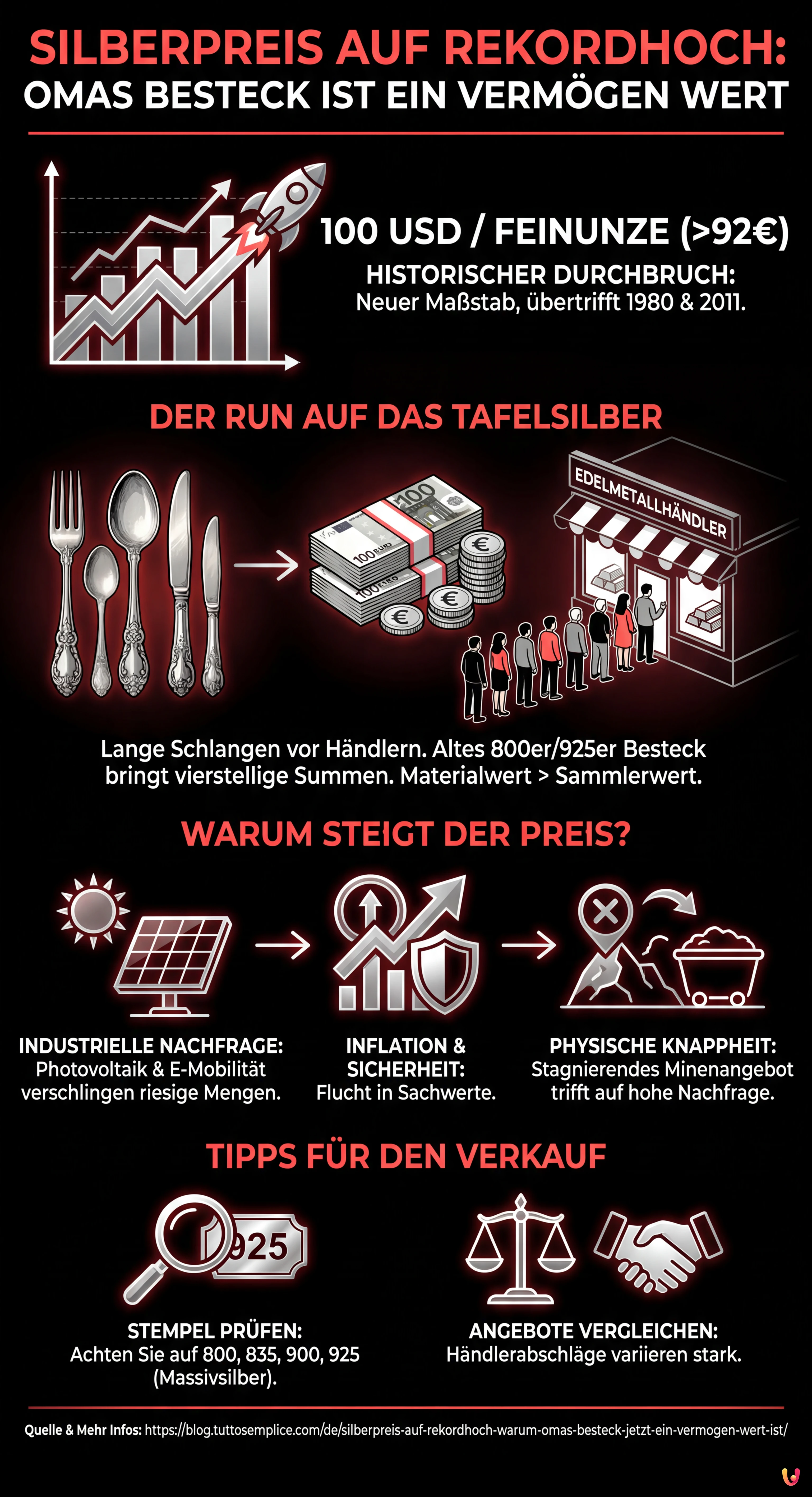 Silberpreis auf Rekordhoch: Warum Omas Besteck jetzt ein Vermögen wert ist - Zusammenfassende Infografik