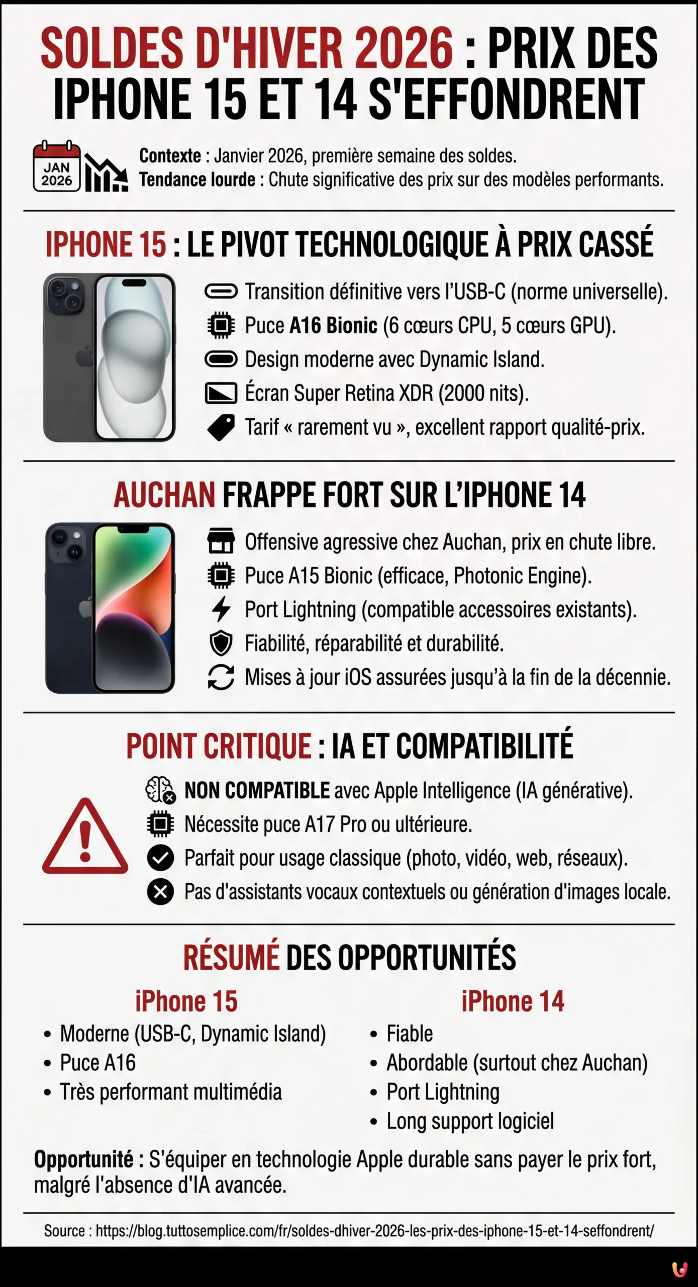 Soldes d'hiver 2026 : Les prix des iPhone 15 et 14 s'effondrent - Infographie résumant