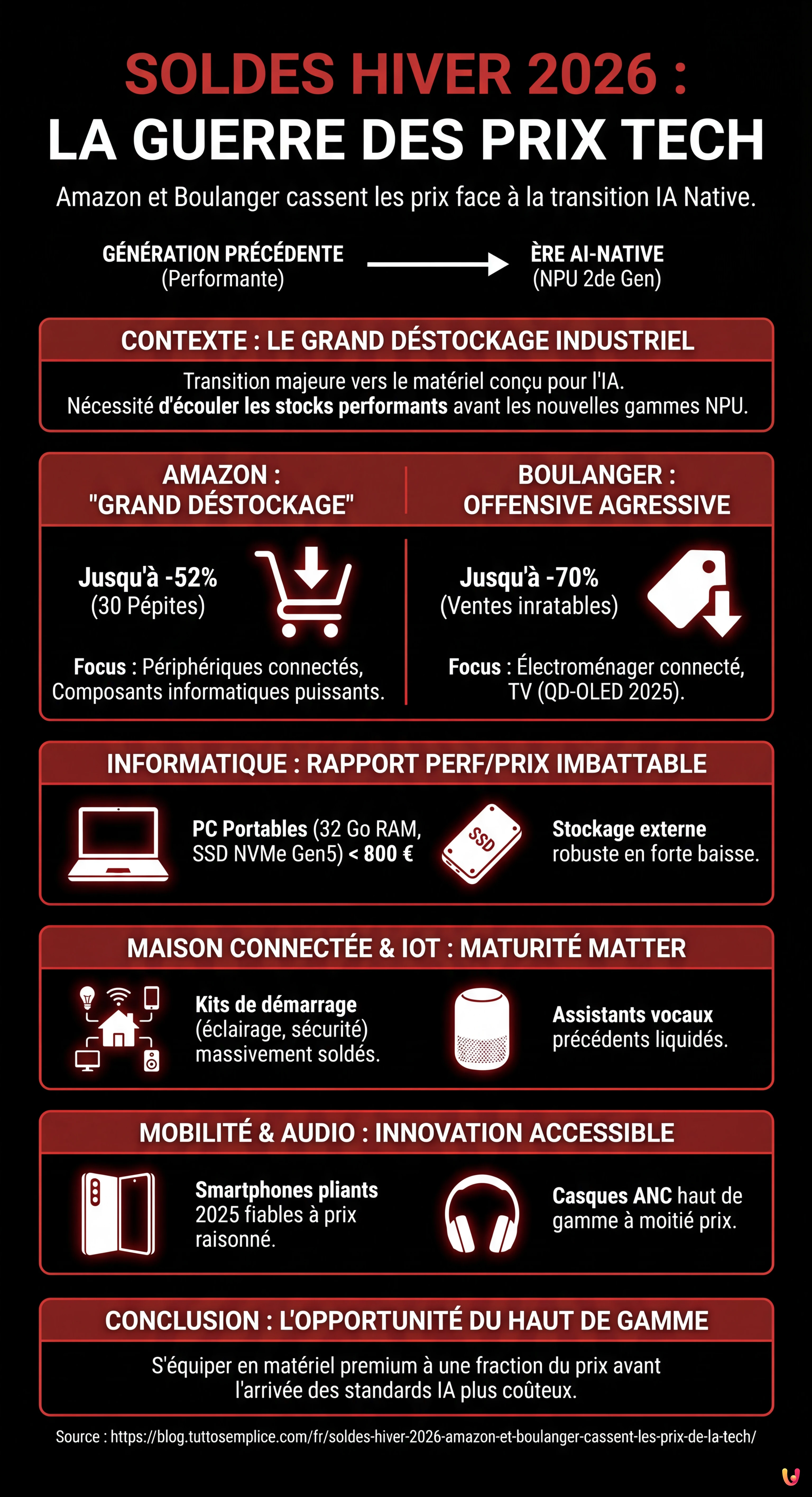 Soldes Hiver 2026 : Amazon et Boulanger cassent les prix de la Tech - Infographie r&eacute;sumant