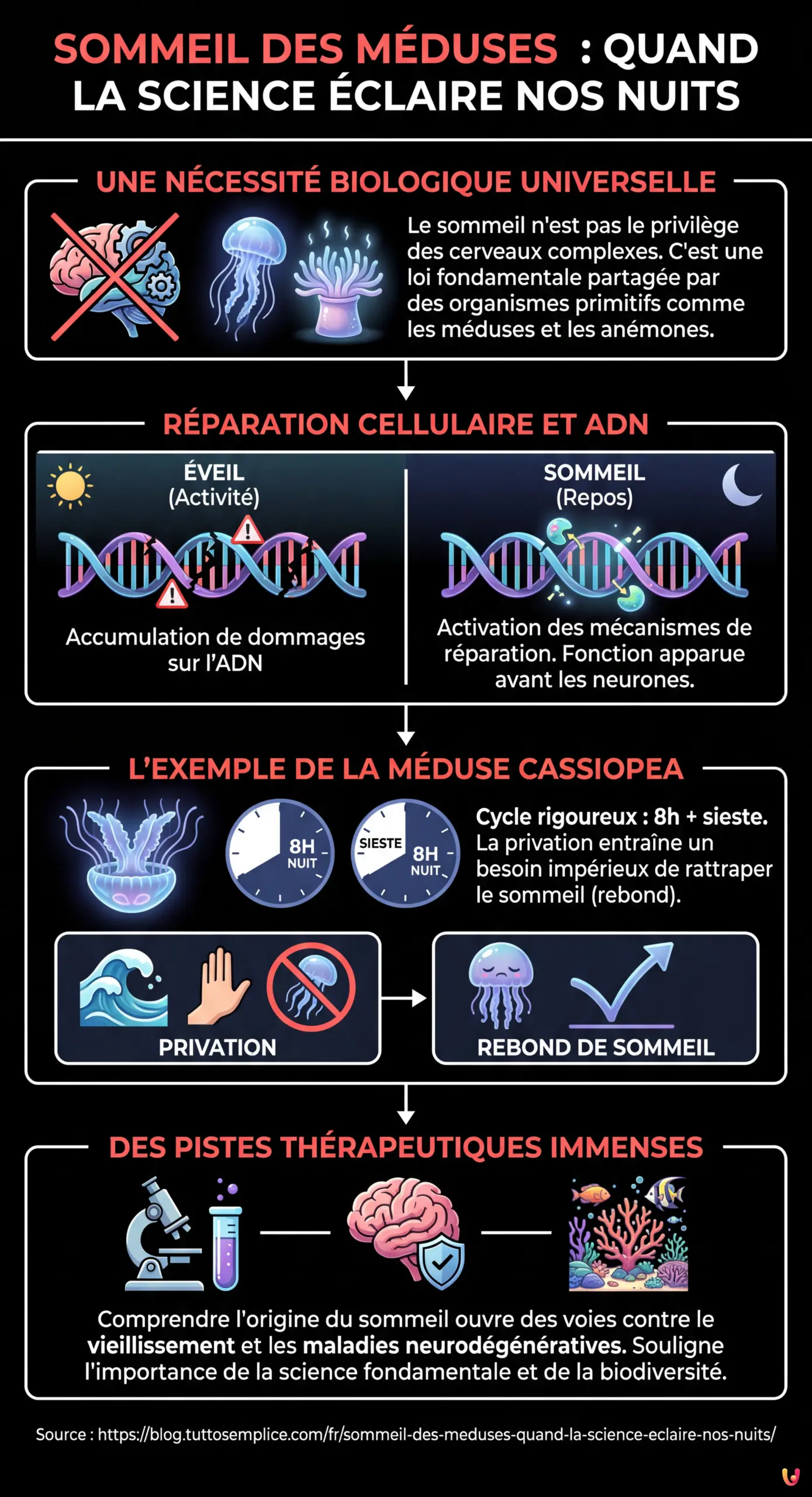 Sommeil des m&eacute;duses : quand la science &eacute;claire nos nuits - Infographie r&eacute;sumant