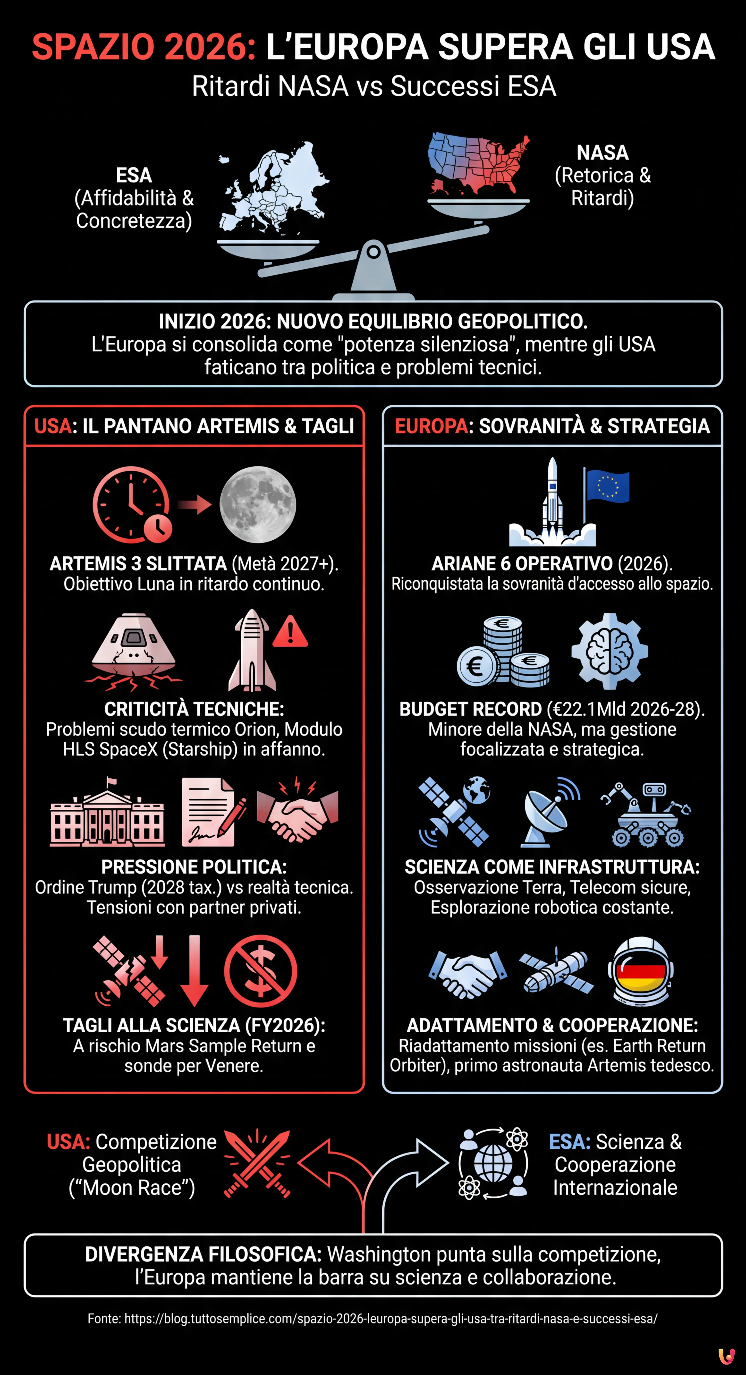 Spazio 2026: l'Europa supera gli USA tra ritardi NASA e successi ESA - Infografica riassuntiva