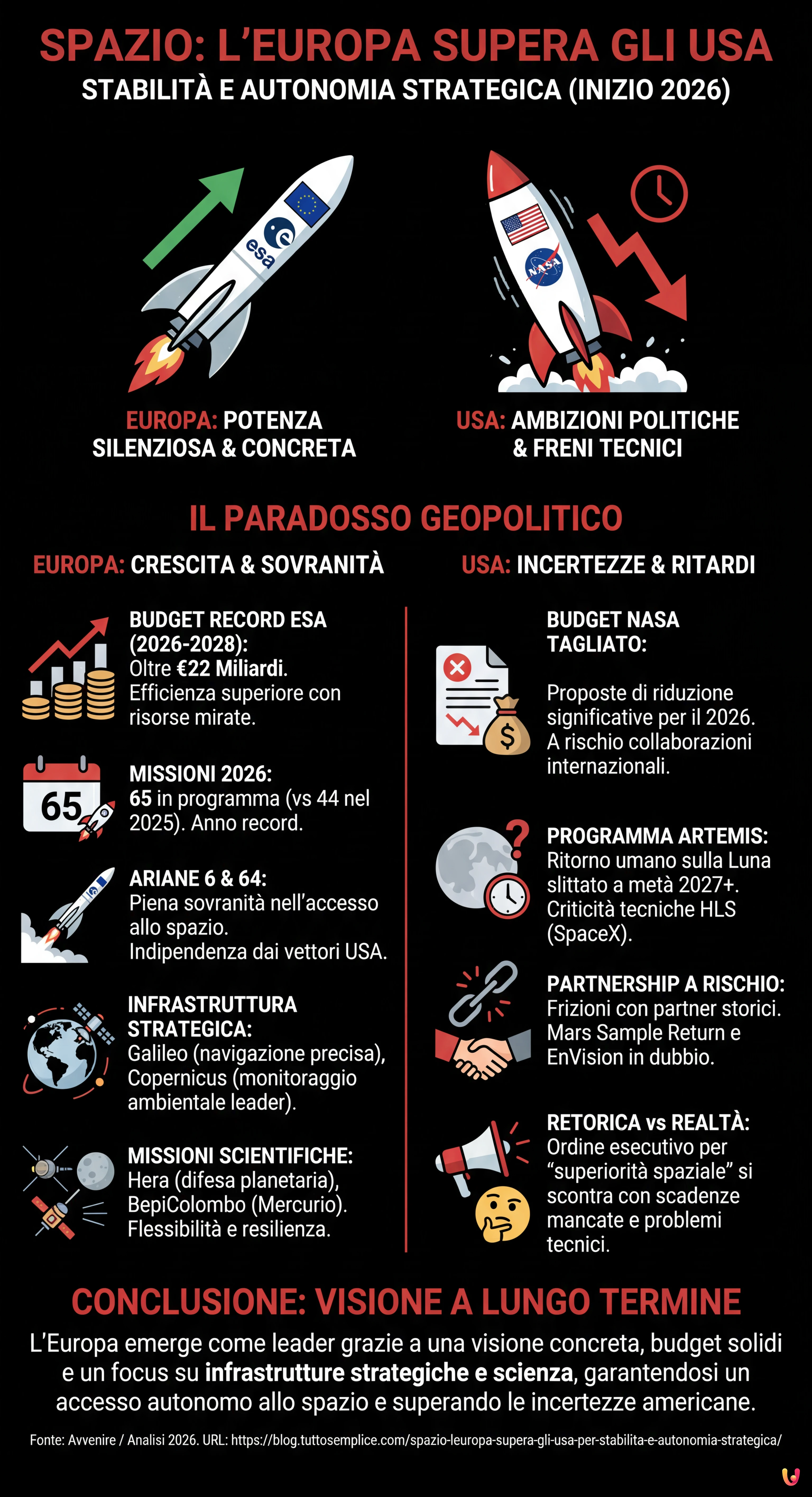 Spazio: l'Europa supera gli USA per stabilità e autonomia strategica - Infografica riassuntiva