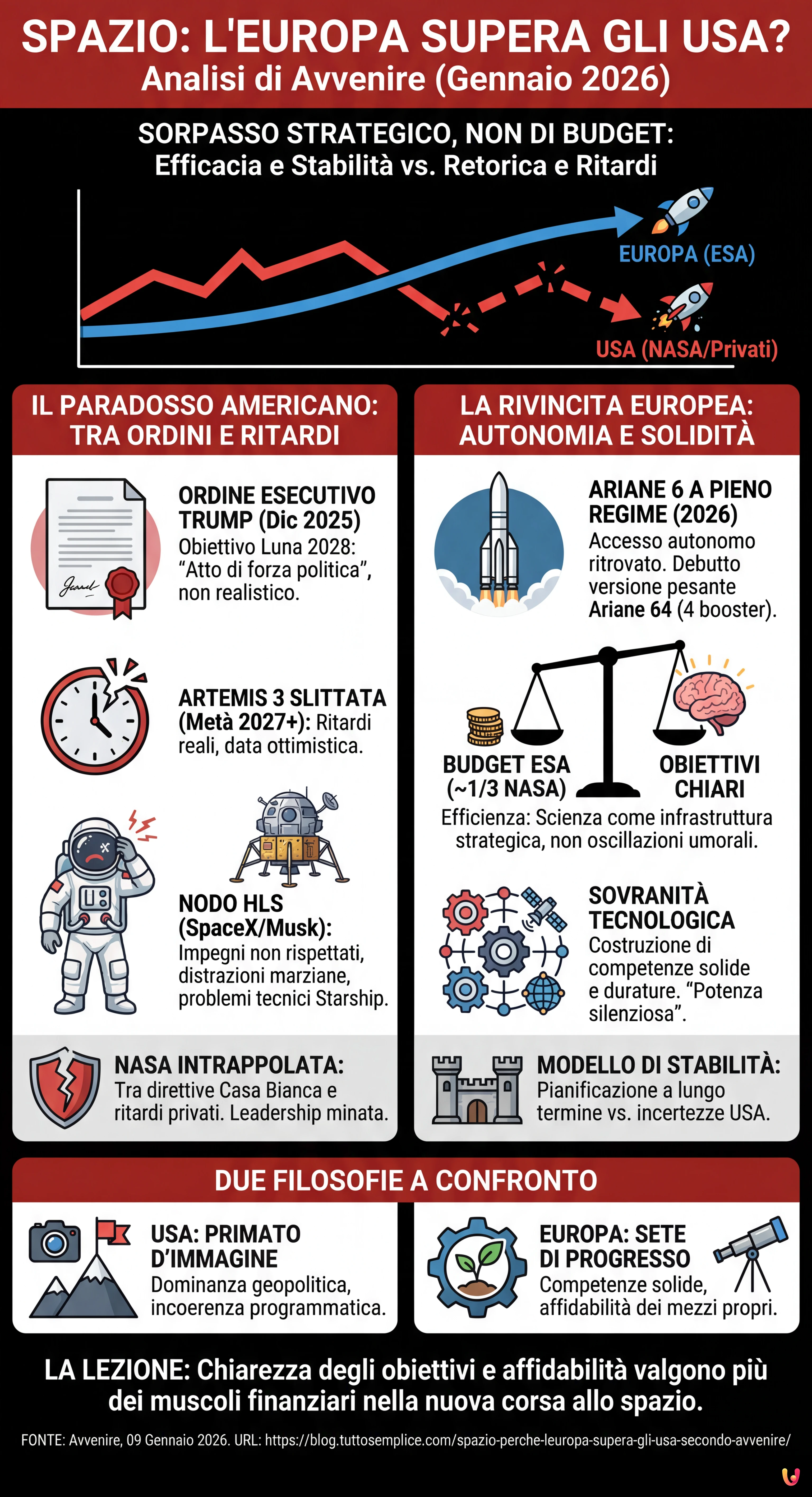 Spazio: perché l'Europa supera gli Usa secondo Avvenire - Infografica riassuntiva