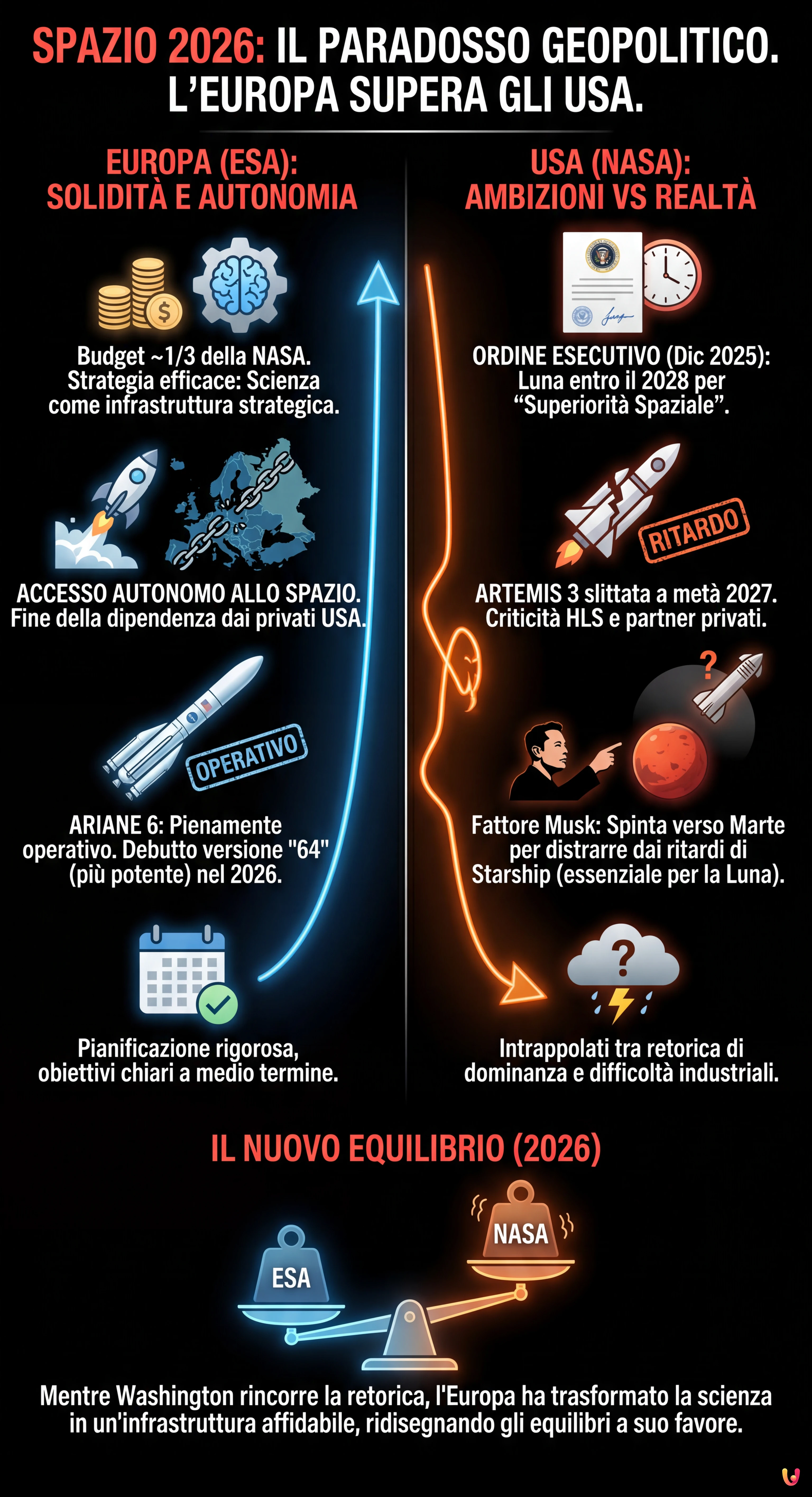 Spazio: perché nel 2026 l'Europa è più avanti degli Usa - Infografica riassuntiva