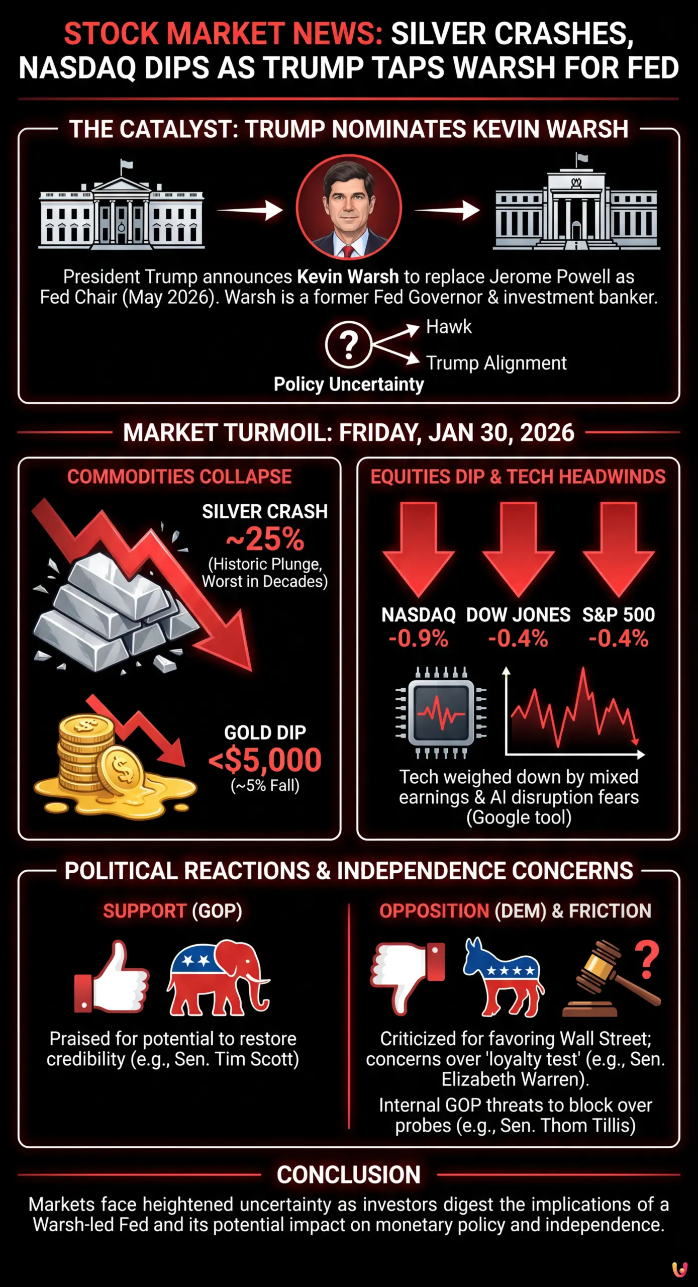 Stock Market News: Silver Crashes, Nasdaq Dips as Trump Taps Warsh for Fed - Summary Infographic