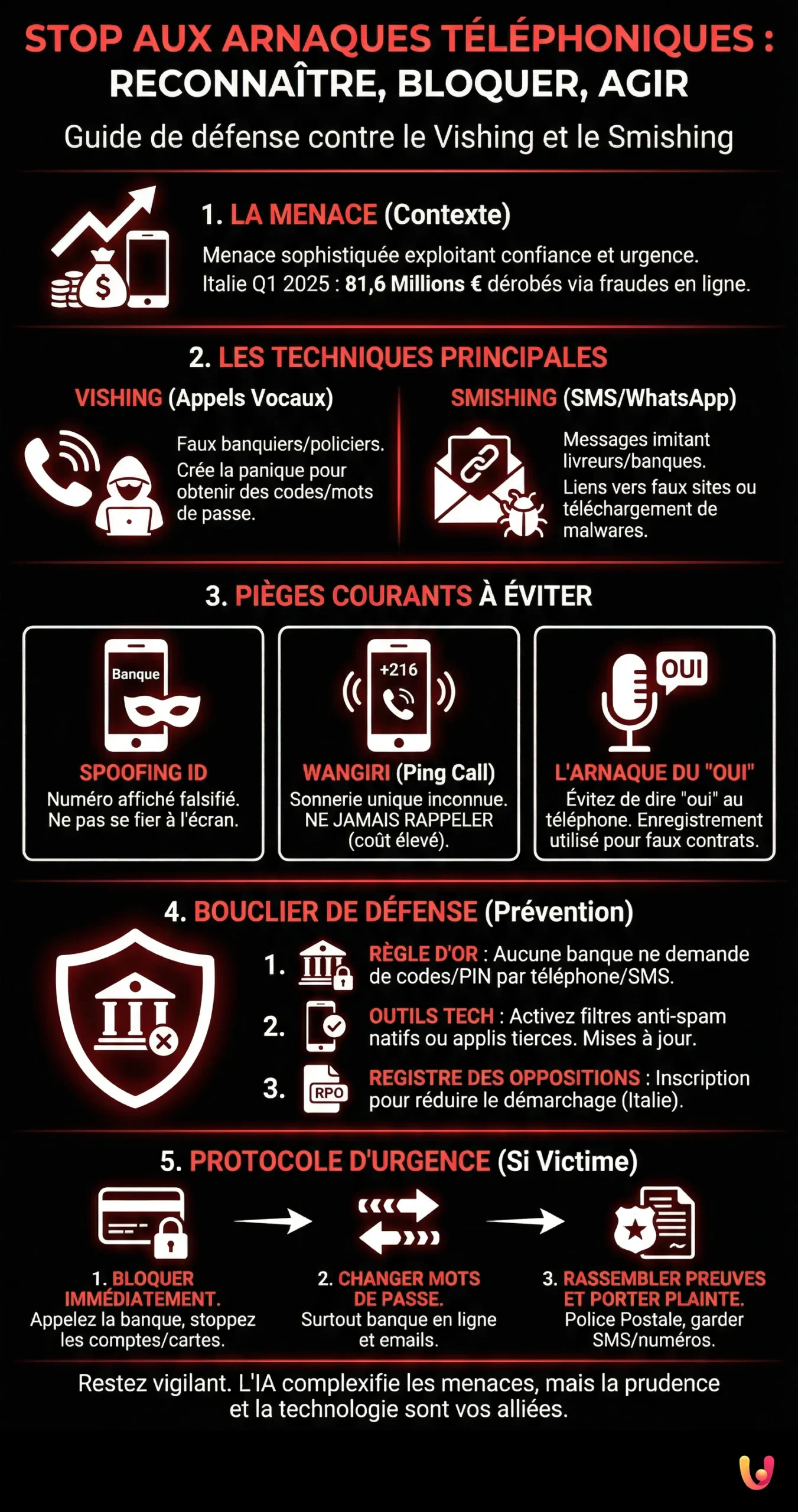 Stop aux arnaques téléphoniques : comment les reconnaître et les bloquer - Infografica riassuntiva