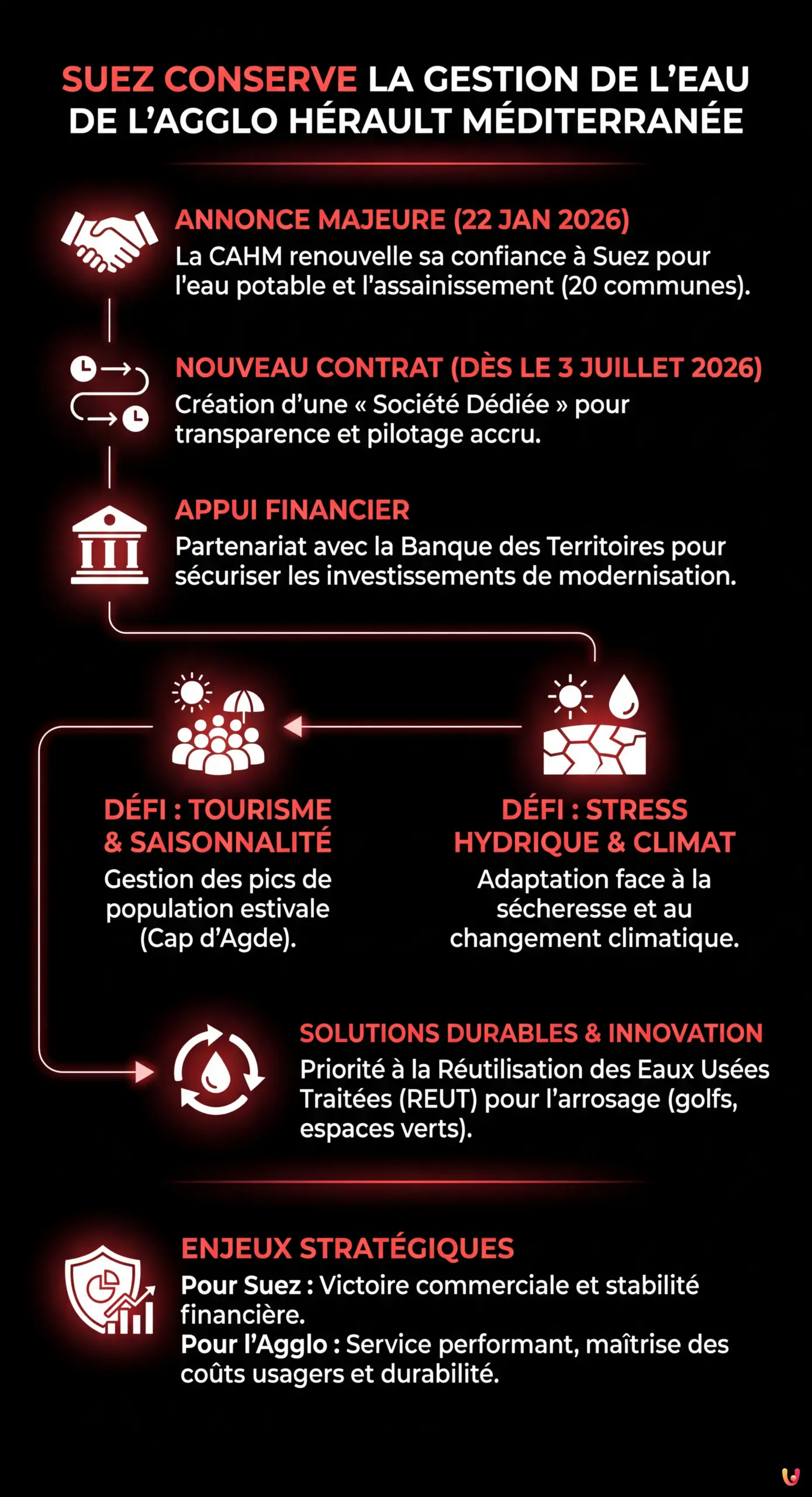 Suez conserve la gestion de l'eau de l'Agglo H&eacute;rault M&eacute;diterran&eacute;e - Infographie r&eacute;sumant