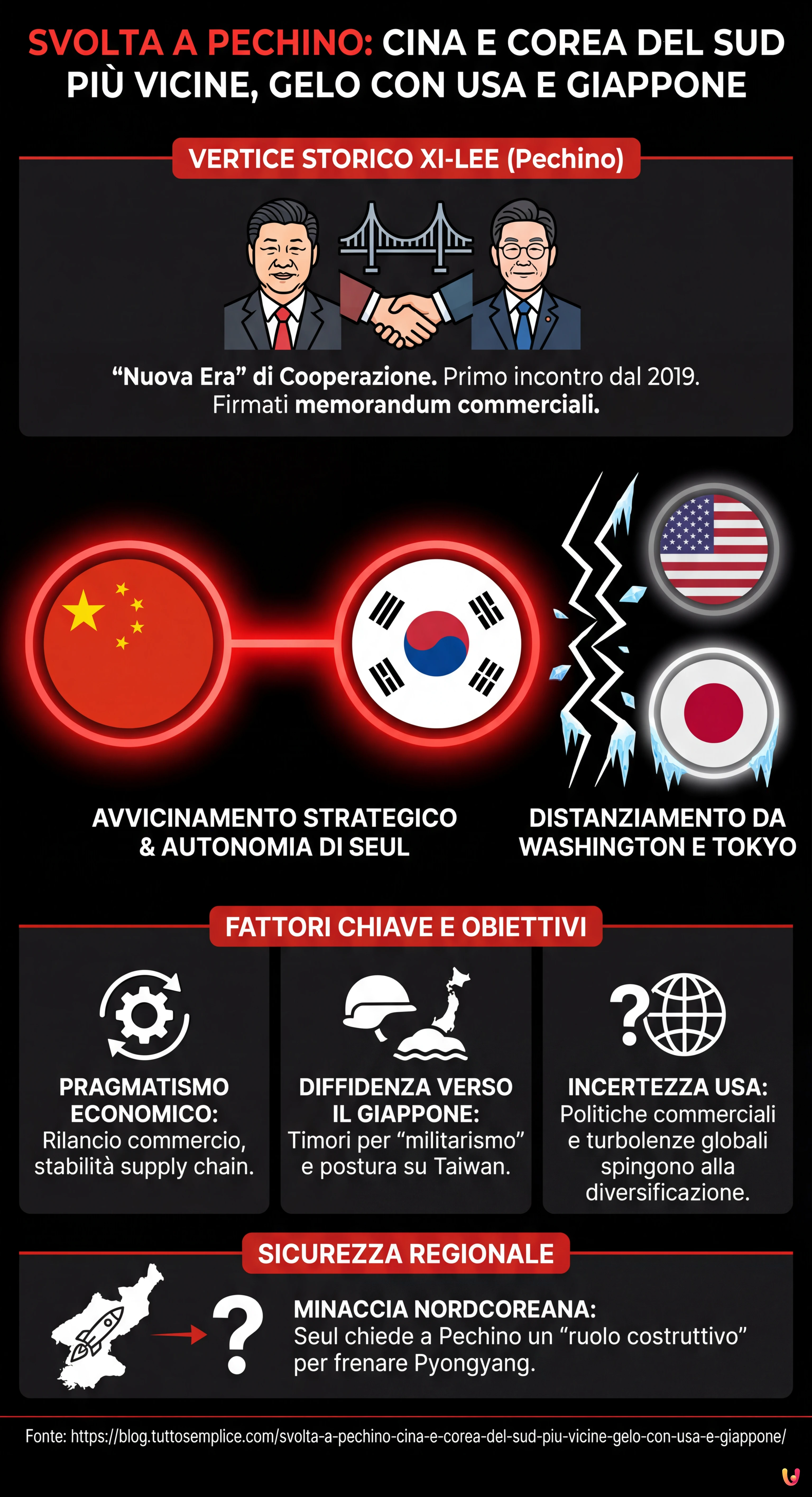 Svolta a Pechino: Cina e Corea del Sud pi&ugrave; vicine, gelo con Usa e Giappone - Infografica riassuntiva