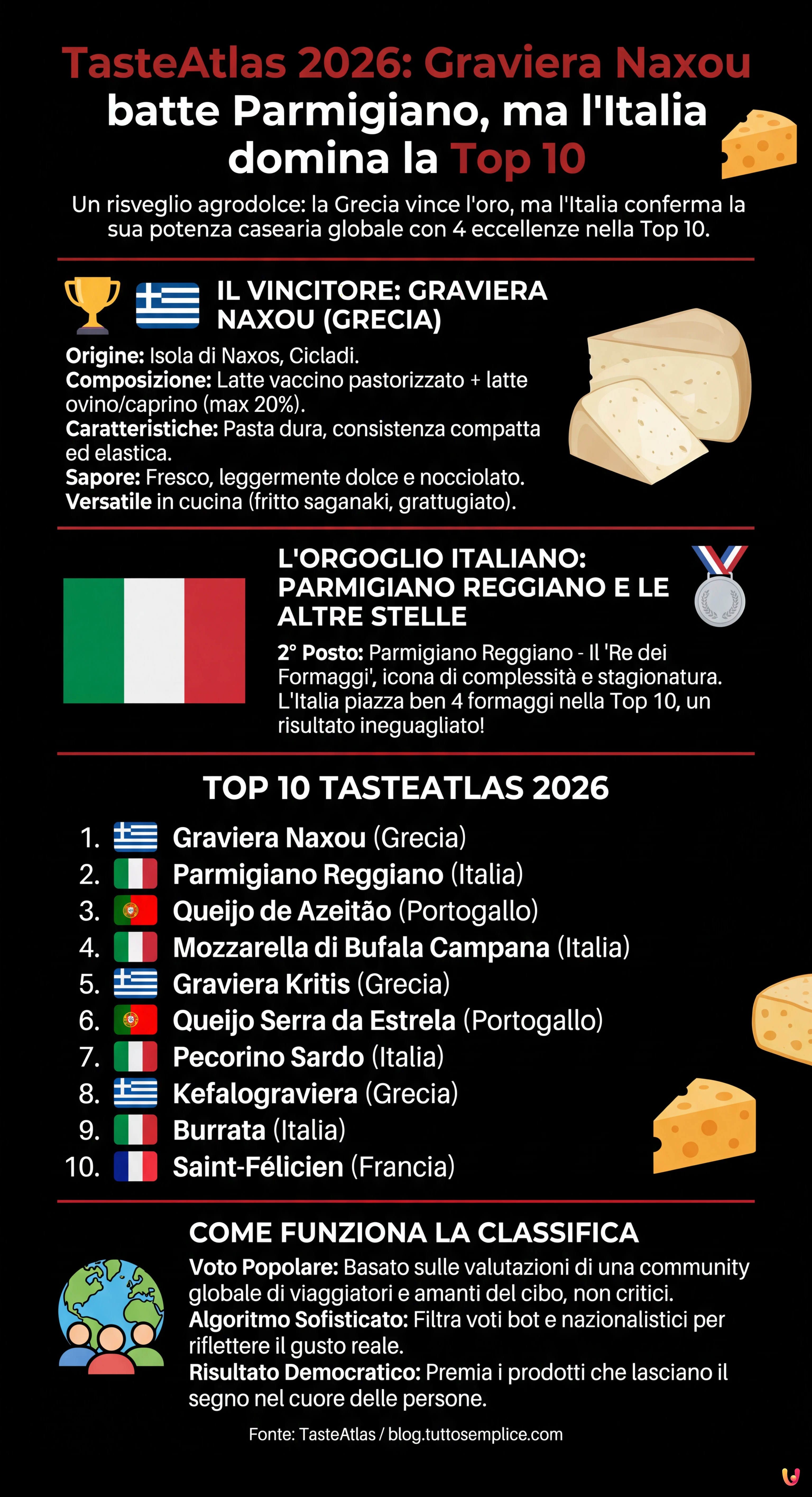 TasteAtlas 2026: Graviera Naxou batte Parmigiano, ma l'Italia domina la Top 10 - Infografica riassuntiva